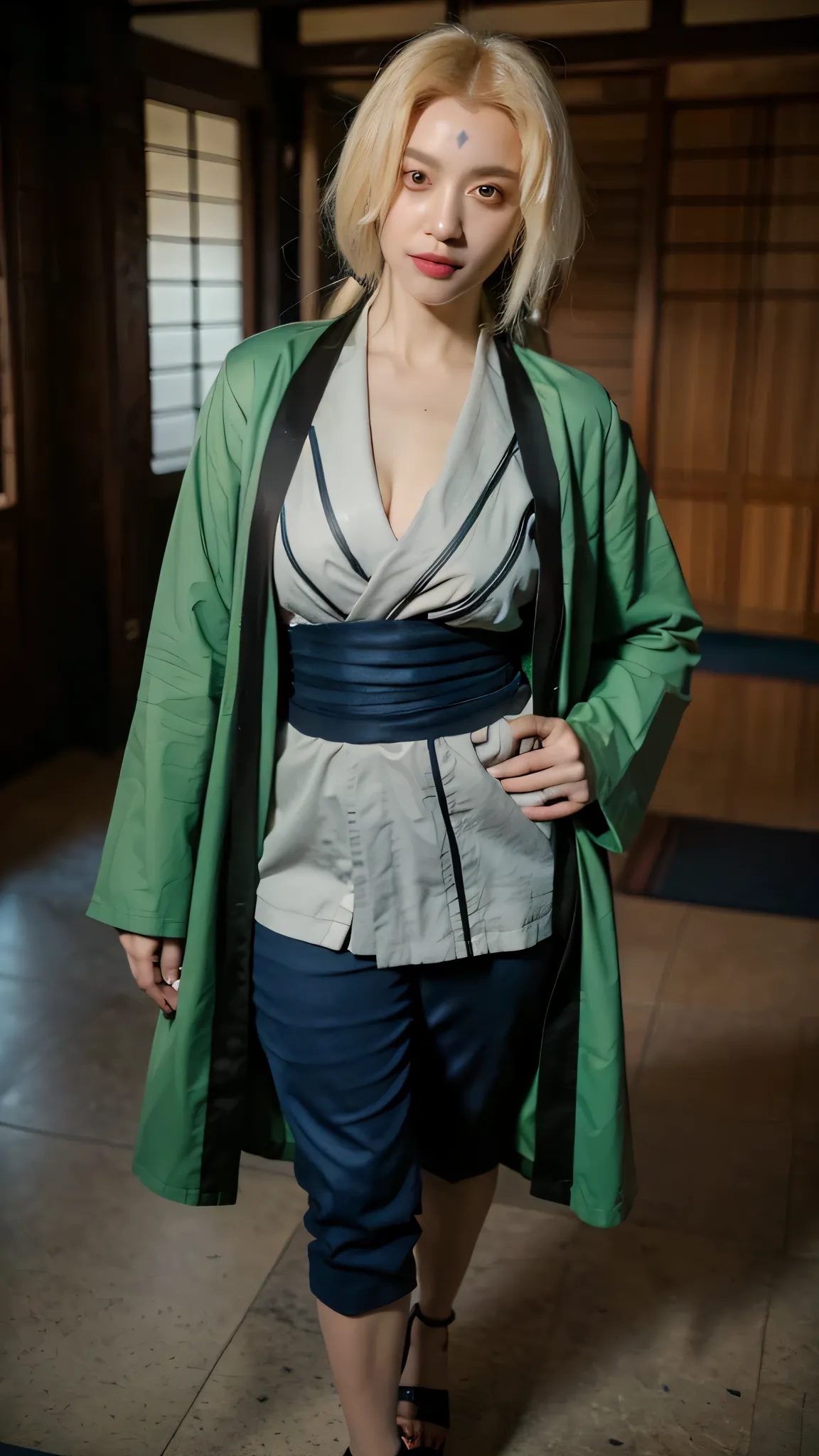 A hyper-realistic portrait of Tsunade from Naruto Shippuden reimagined in the real world, beautiful and powerful appearance. Long blonde hair styled naturally, warm brown eyes, and a youthful yet mature face. She wears her iconic grey kimono-style top with...