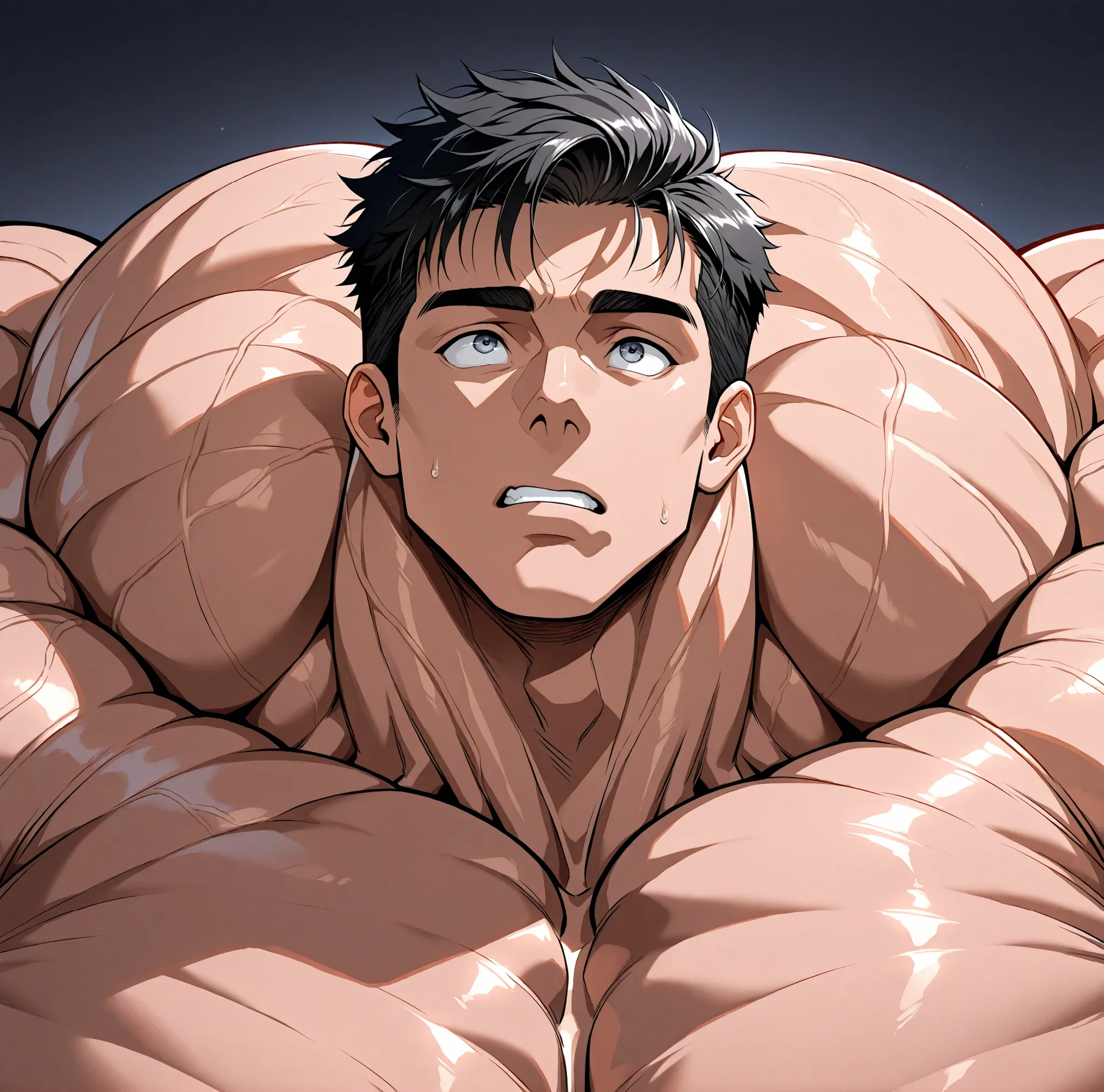 Closeup portrait, a  handsome hyper muscular naked man, he is looking up, he is in shock, short black hair, extremely muscular, huge bulging giant biceps, gigantic shoulders,  caucasian, outside background, his head is ti y compared to his giant shoulders