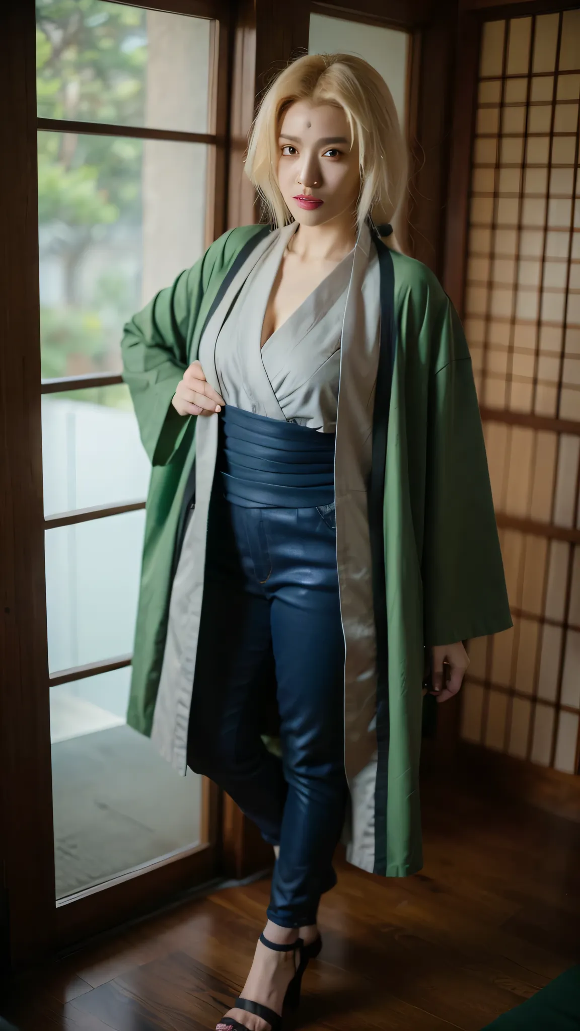A hyper-realistic portrait of Tsunade from Naruto Shippuden reimagined in the real world, beautiful and powerful appearance. Long blonde hair styled naturally, warm brown eyes, and a youthful yet mature face. She wears her iconic grey kimono-style top with...