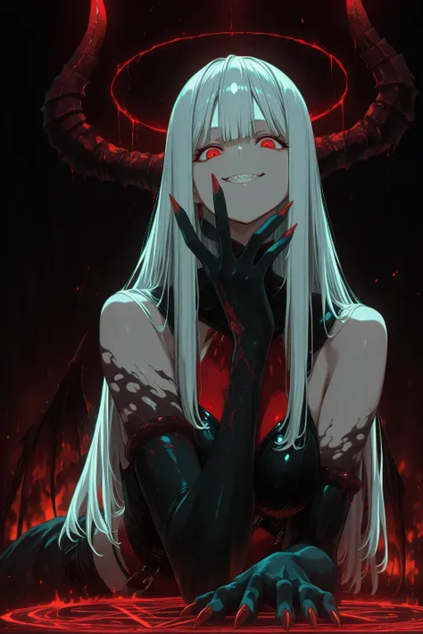 masterpiece, top quality, Extremely colorful, Fantasy,, vivid, fantastic, anime style, Super Detailed, 8k, high res、ONE SEXY WOMAN、Devil、Devilの翼、silver hair、long glossy hair、red eyes、mischievous smile with a sense of pride、Sharp Claws(red nails)、wears an aura of darkness、Dark Fire Effect、Dramatic Angles、Dynamic overall composition、Magic Circle Shining in the Background