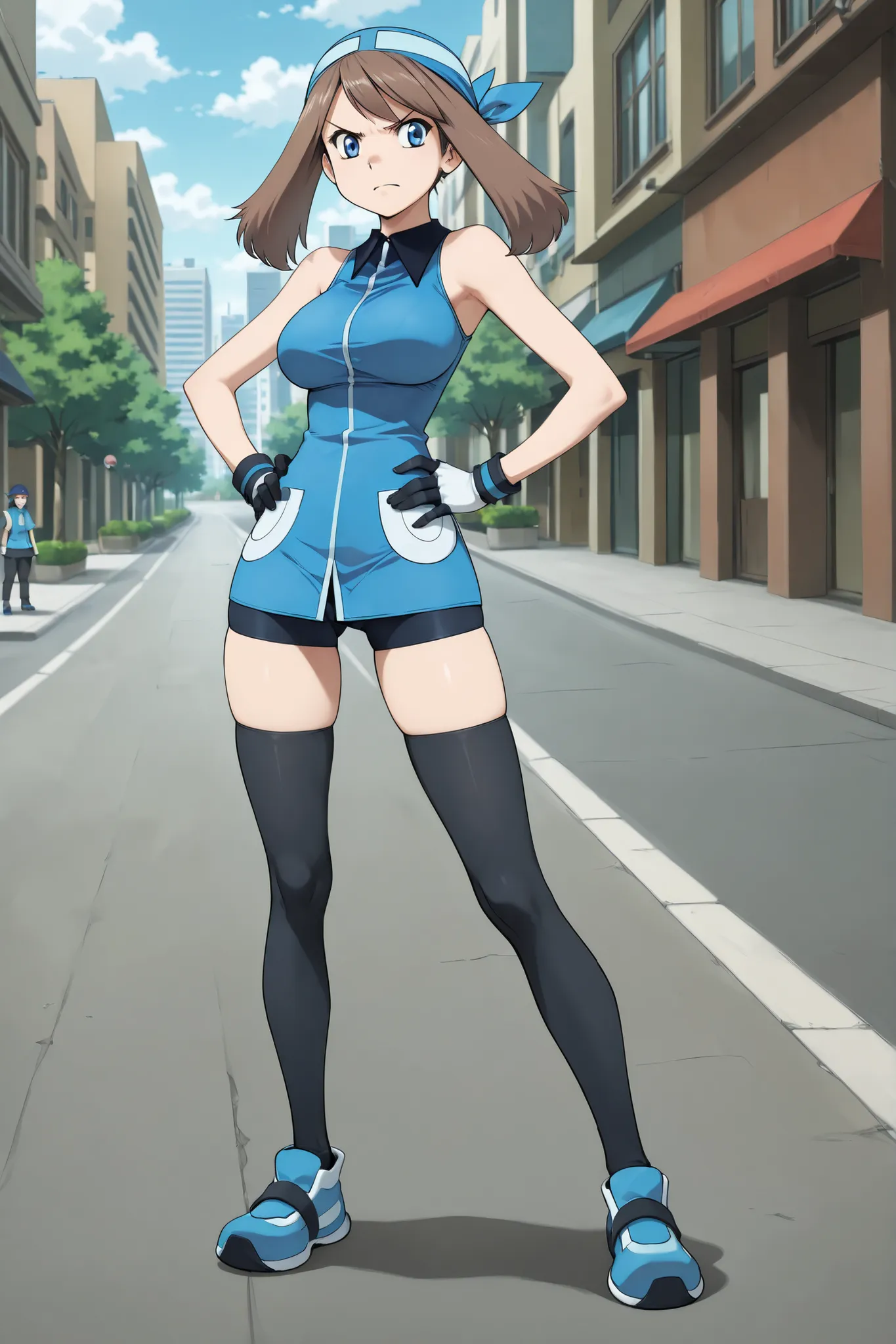 adult older sister, Tall, big boobs,  jam one's hands on one's hips, black knee-high stockings, Absolute region, thighs, Blue shoes, blue bandana, blue sleeveless tunic, Miwaki, black mini bike shorts, gloves, ((top quality)), ((masterpiece)), ((details)),...