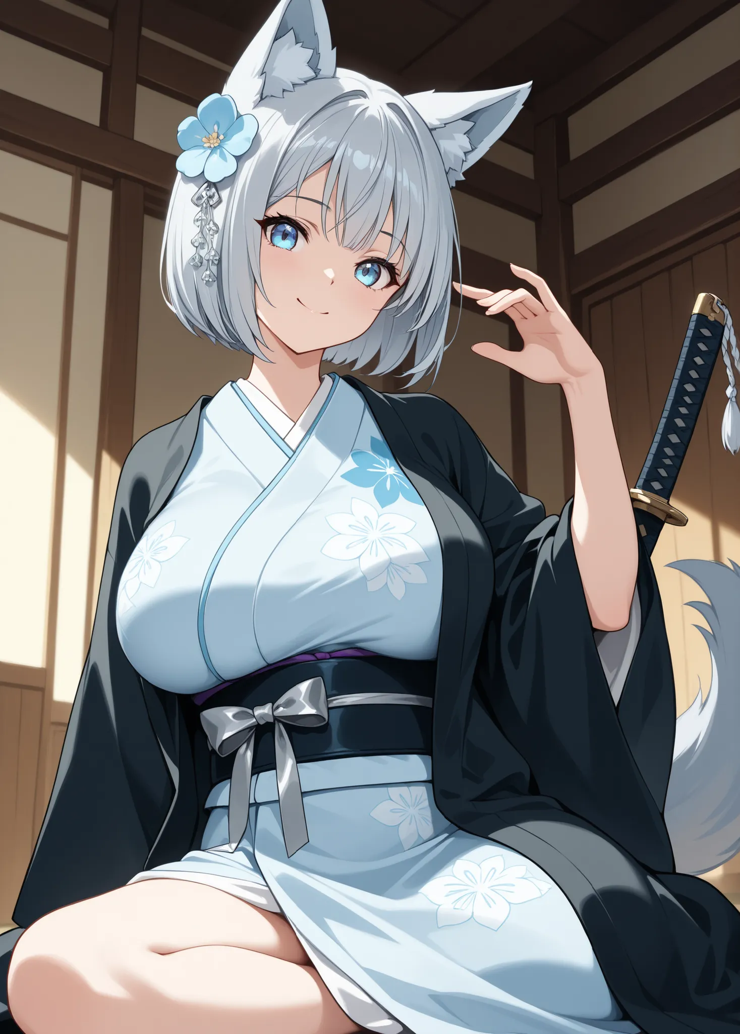 katana style, girl, ((masterpiece, Silver Hair, big wolf white ear, wolf tail、light blue eyes, bob cut, smile)), ( light blue flower Kimono, black haori, Silver ribbon hair ornament), big breast, inside village