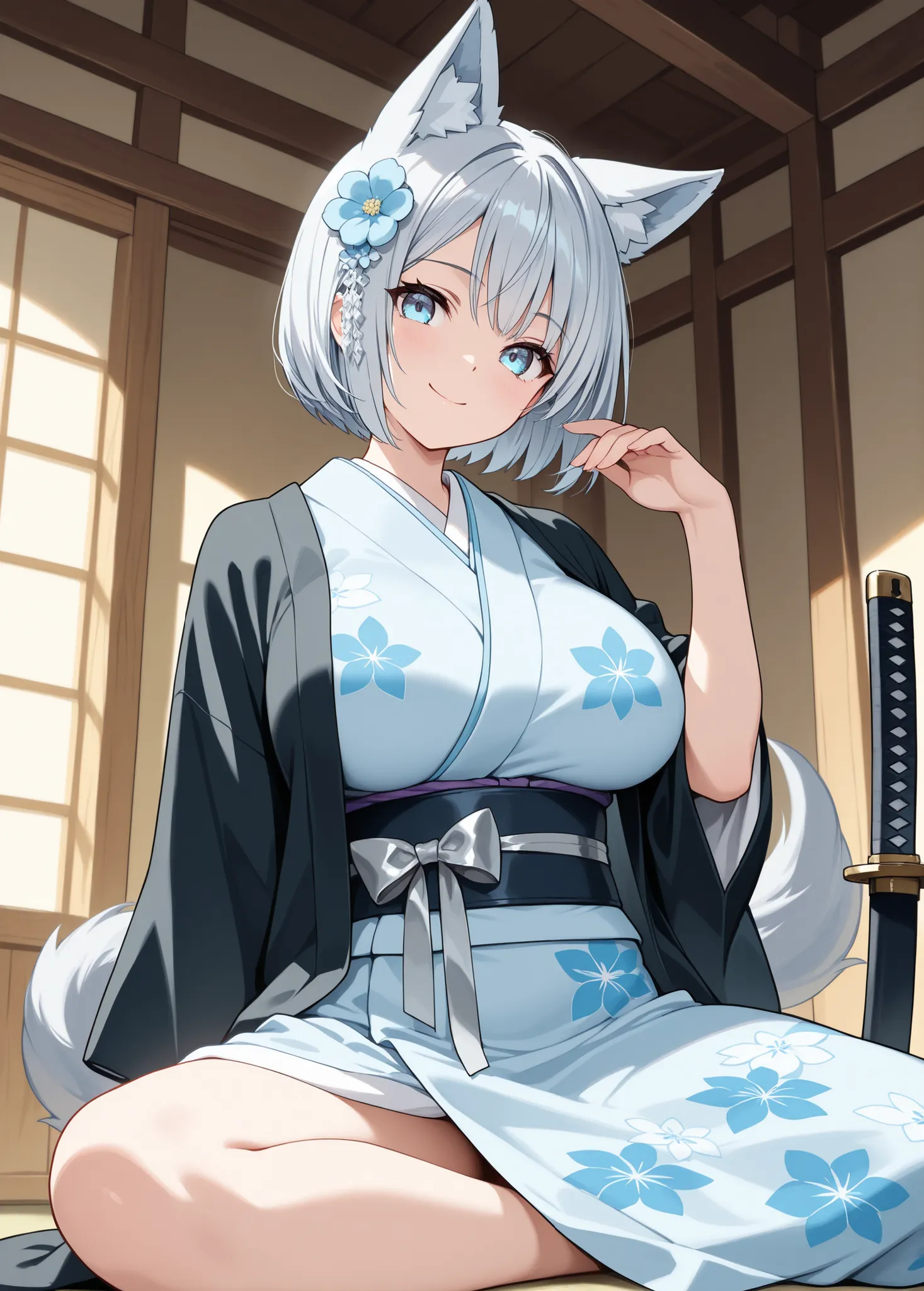 katana style, girl, ((masterpiece, Silver Hair, big wolf white ear, wolf tail、light blue eyes, bob cut, smile)), ( light blue flower Kimono, black haori, Silver ribbon hair ornament), big breast, inside village