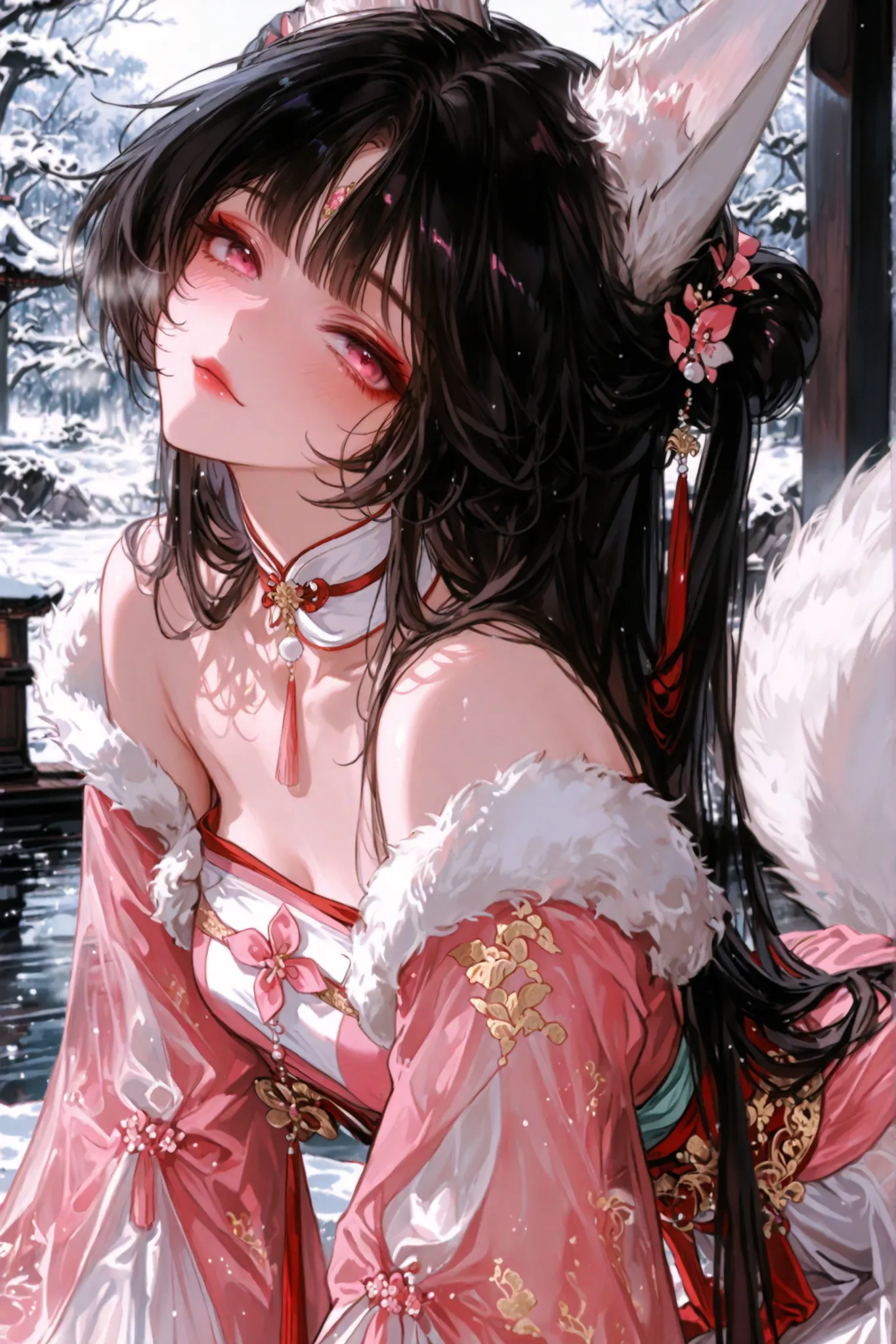 Masterpiece, set in a fictional East Asian-style kingdom, a lovely girl, very long black hair, straight hair, pink eyes, **meek eyes**, small smile, white fox ears, 9 white fox tails, lovely Hanfu, winter background, fluttering snow, detailed outfits, high...
