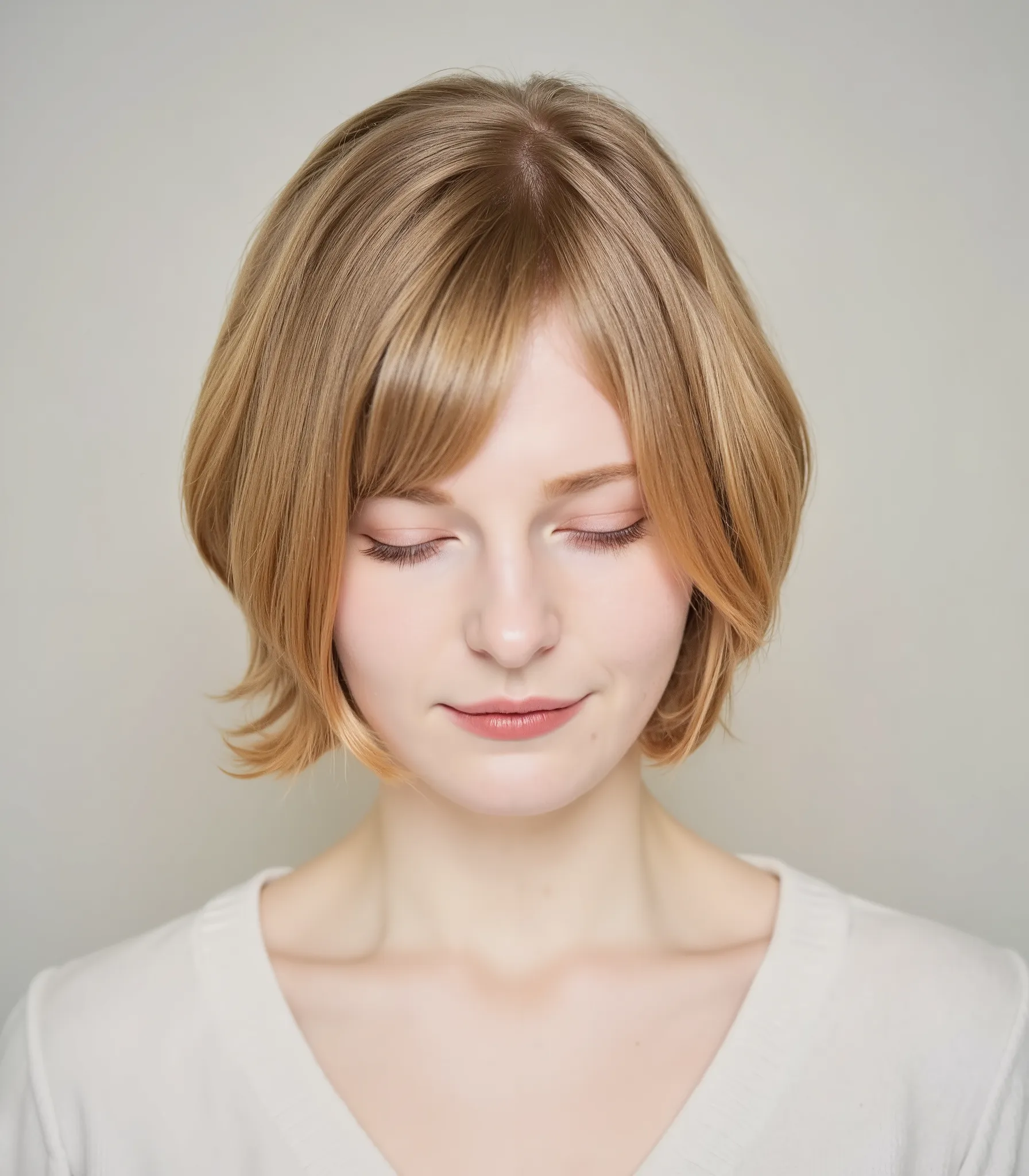 1girl, Ella Freya, blonde hair, A studio photography of a beautiful woman with her eyes closed, indoor, soft diffused studio lighting, minimalistic, photorealism, 4k resolution, ultra high quality, realistic proportions, low contrast, face focused, short h...