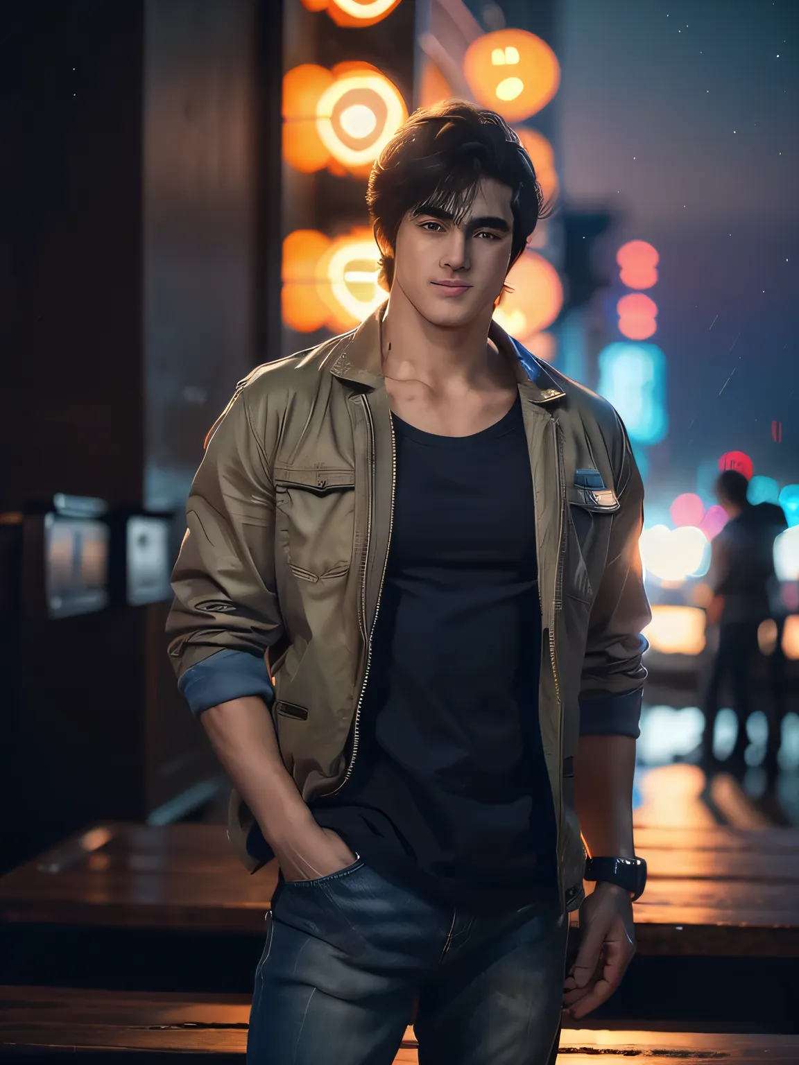 1boy, saeba ryou, city hunter, Japanes man, (saeba ryo city hunter ) blue suit jacket Red t-shirt, jeans, lewd smile, standing in front of a coffee shop. depth of written boundary, awesome solo, Realistic texture, Realistic Skin, Whole body, Highly detail...