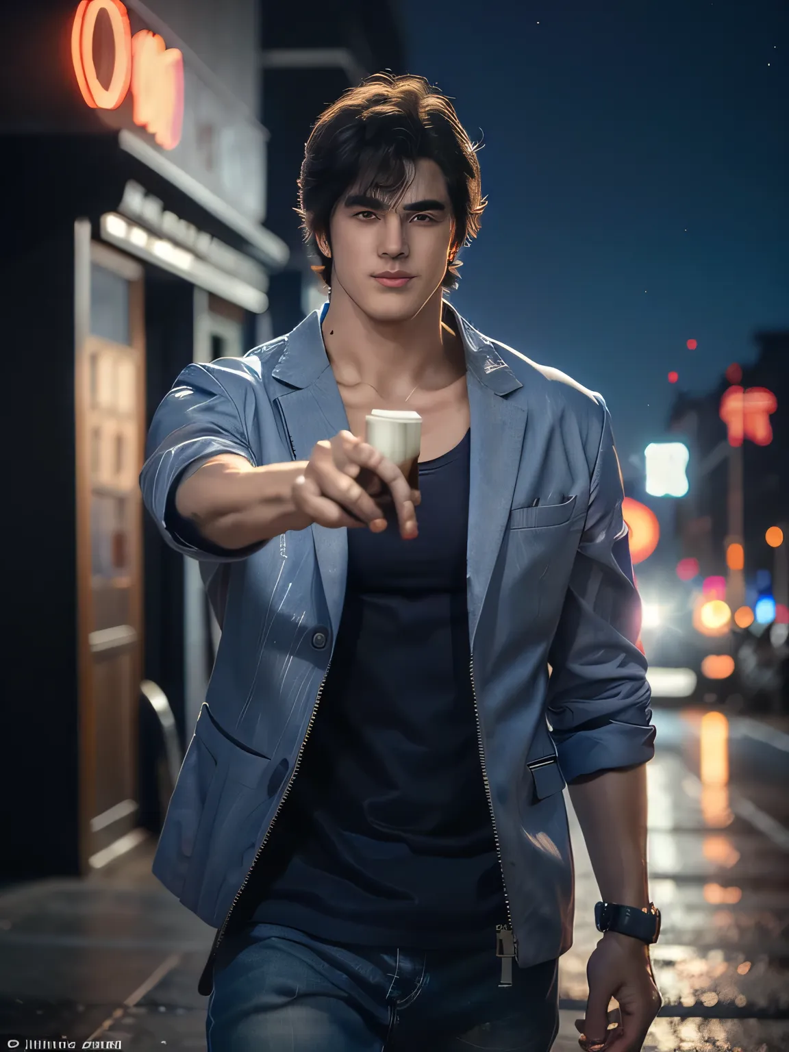 1boy, saeba ryou, city hunter, Japanes man, (saeba ryo city hunter ) blue suit jacket Red t-shirt, jeans, lewd smile, standing in front of a coffee shop. depth of written boundary, awesome solo, Realistic texture, Realistic Skin, Whole body, Highly detail...