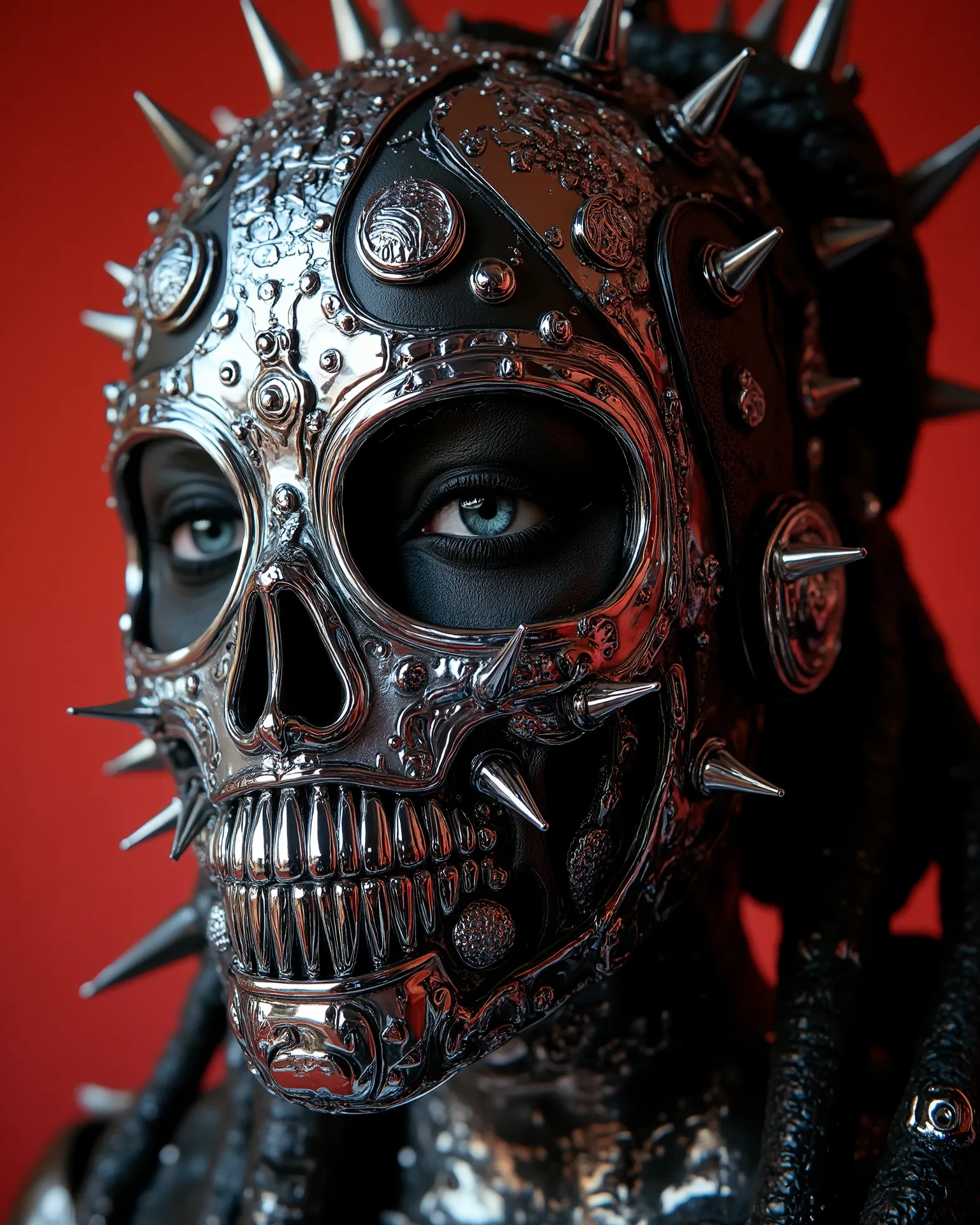 A Close-up of the, Jim Burns punk style, calabera Russian model with her hidden face with a chrome mask, shows us her barbed heart with hundreds of steel thorns, design has chrome pieces inside., The masterpiece of the art