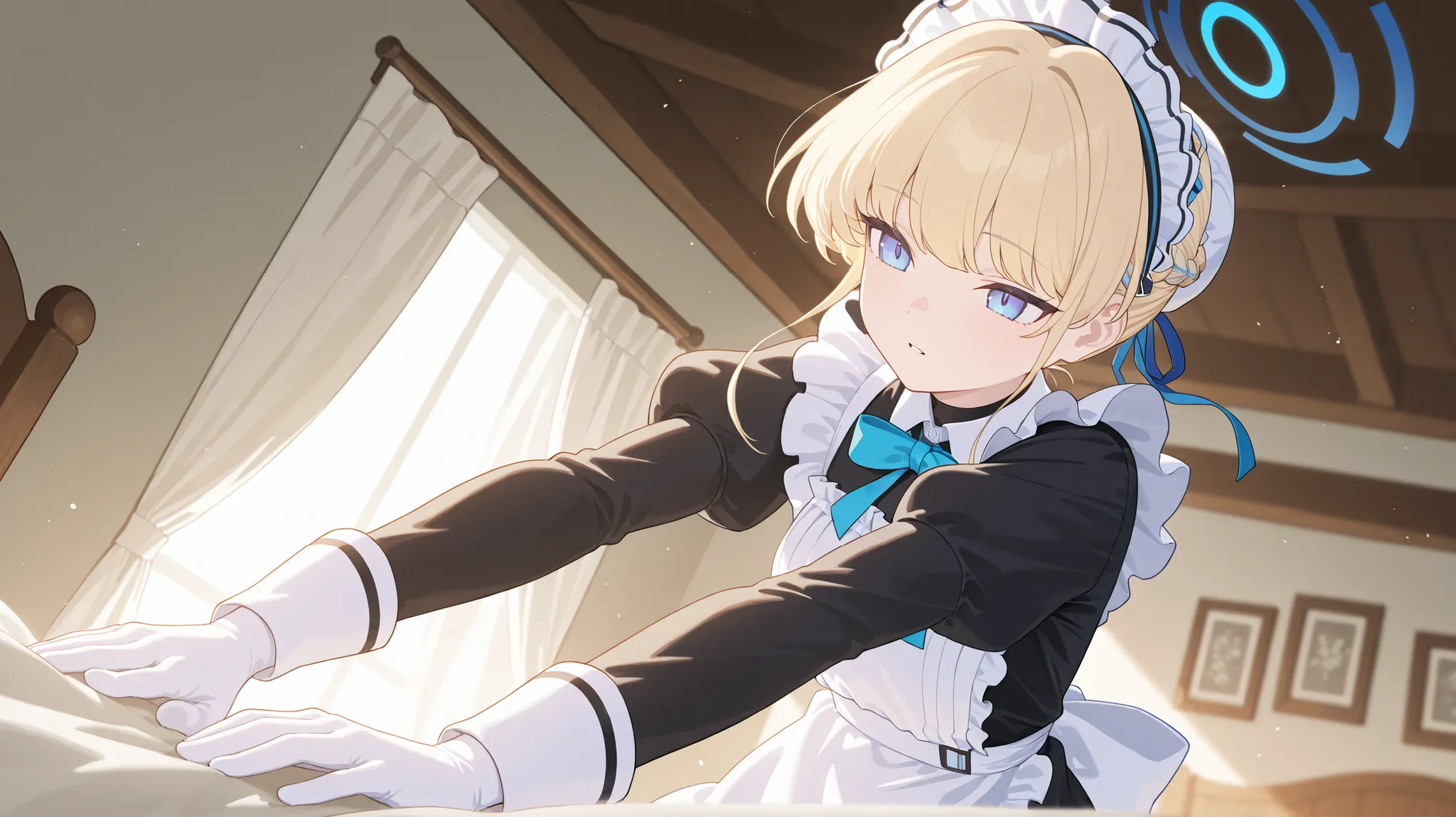 1 girl , 　 of course house (Asuka Toki)-　blue archive (blue archive) a beautiful anime maid girl with short blonde hair, french braid, wearing a frilly white and black maid outfit with teal blue ribbon accents, long white gloves, and a headband. She is str...