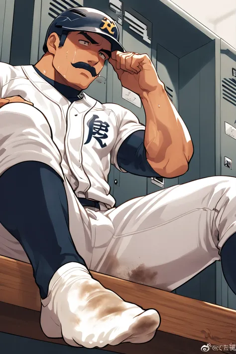 A middle-aged man, Detailed face, Captivating look, moustache, Masculine face, Muscular body, Prominent veins, wearing sweaty wet baseball uniform and fielder helmet, sitting on the bench, He is so close that he is pressing the sole of his left foot agains...