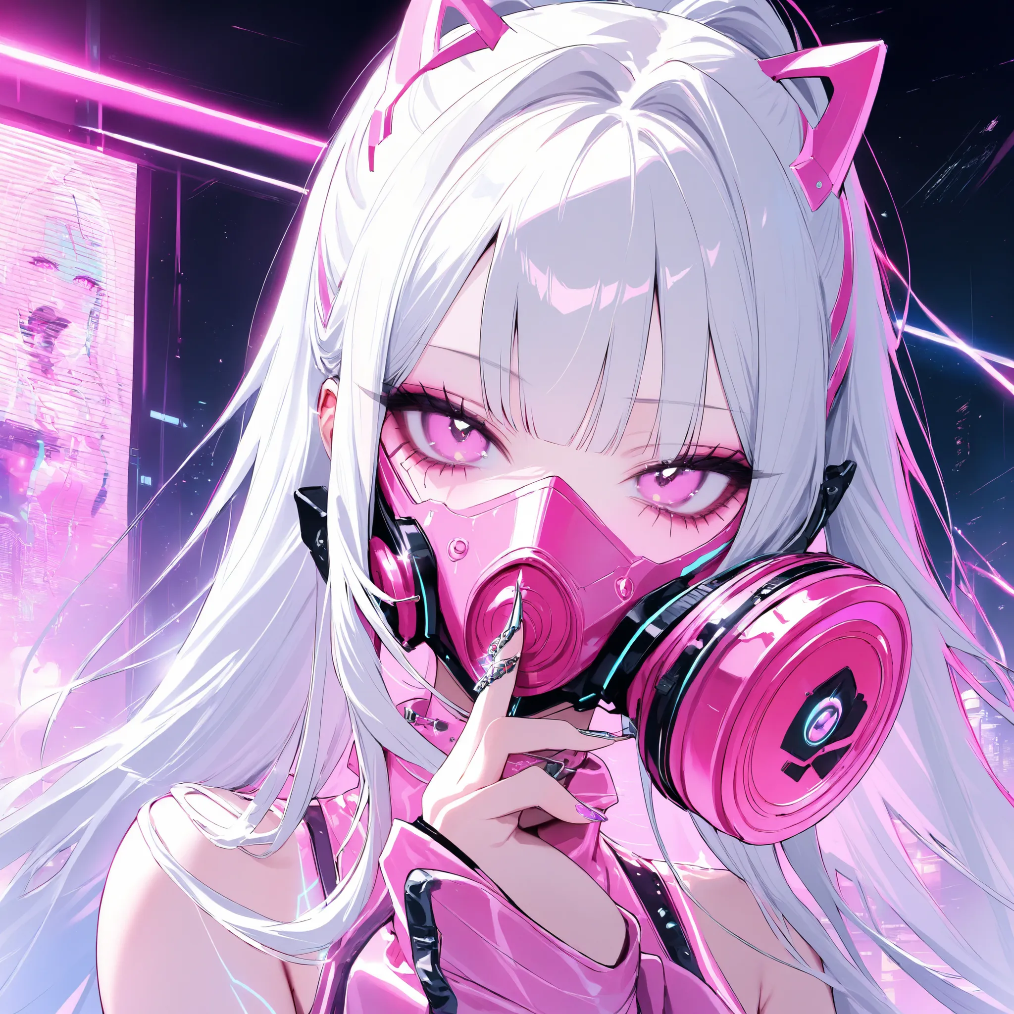 
girl, pink anti-gas mask, Cyberpunk, platinum long hair, platinum and pink clothing,Y2K Aesthetic, cybernetic implants, Metal nails, masterpiece, high score, great result, absurd results