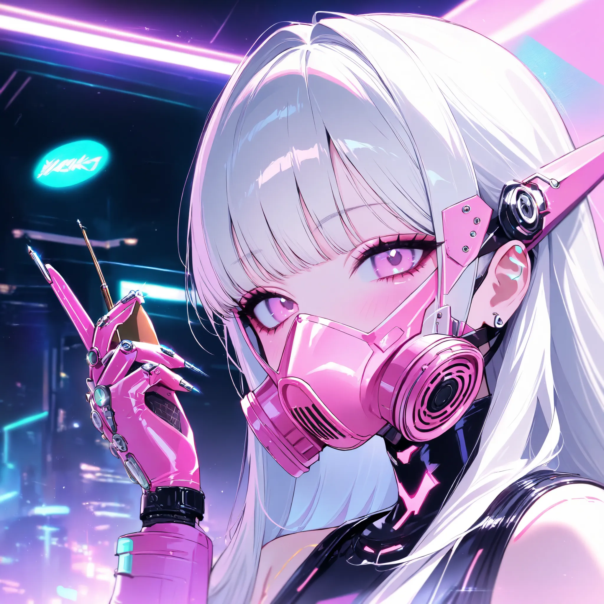 
girl, pink anti-gas mask, Cyberpunk, platinum long hair, platinum and pink clothing,Y2K Aesthetic, cybernetic implants, Metal nails, masterpiece, high score, great result, absurd results