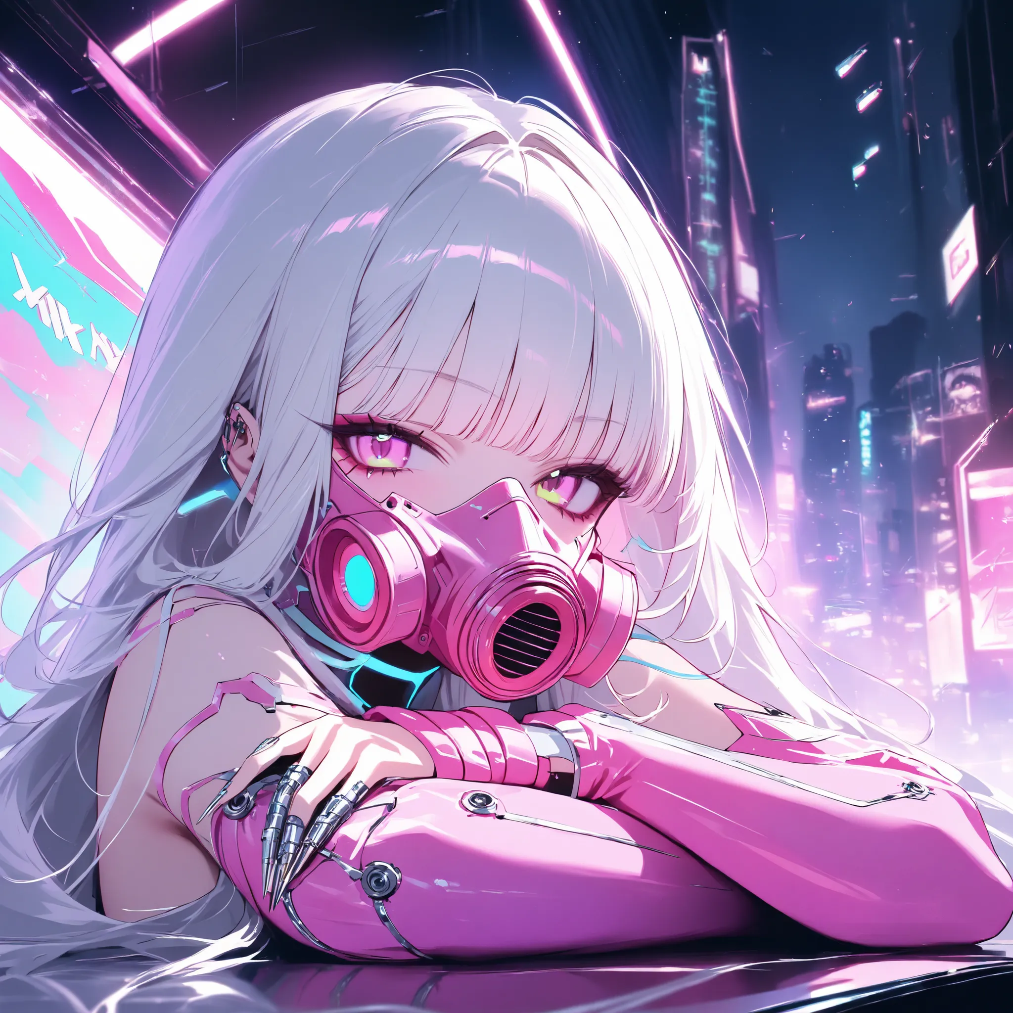 
girl, pink anti-gas mask, Cyberpunk, platinum long hair, platinum and pink clothing,Y2K Aesthetic, cybernetic implants, Metal nails, masterpiece, high score, great result, absurd results