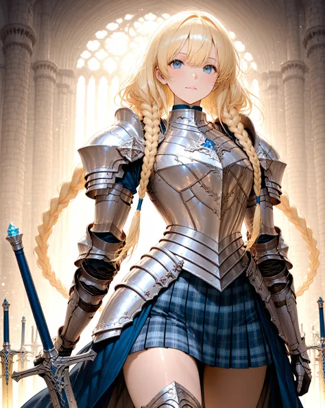 masterpiece、High Quality、top quality、a female holy knight wearing heavy armored armor、Silver Armor、Plaid Skirt、A tall sword and shield、blond French blade、long braids、The background is a castle of light and crystal