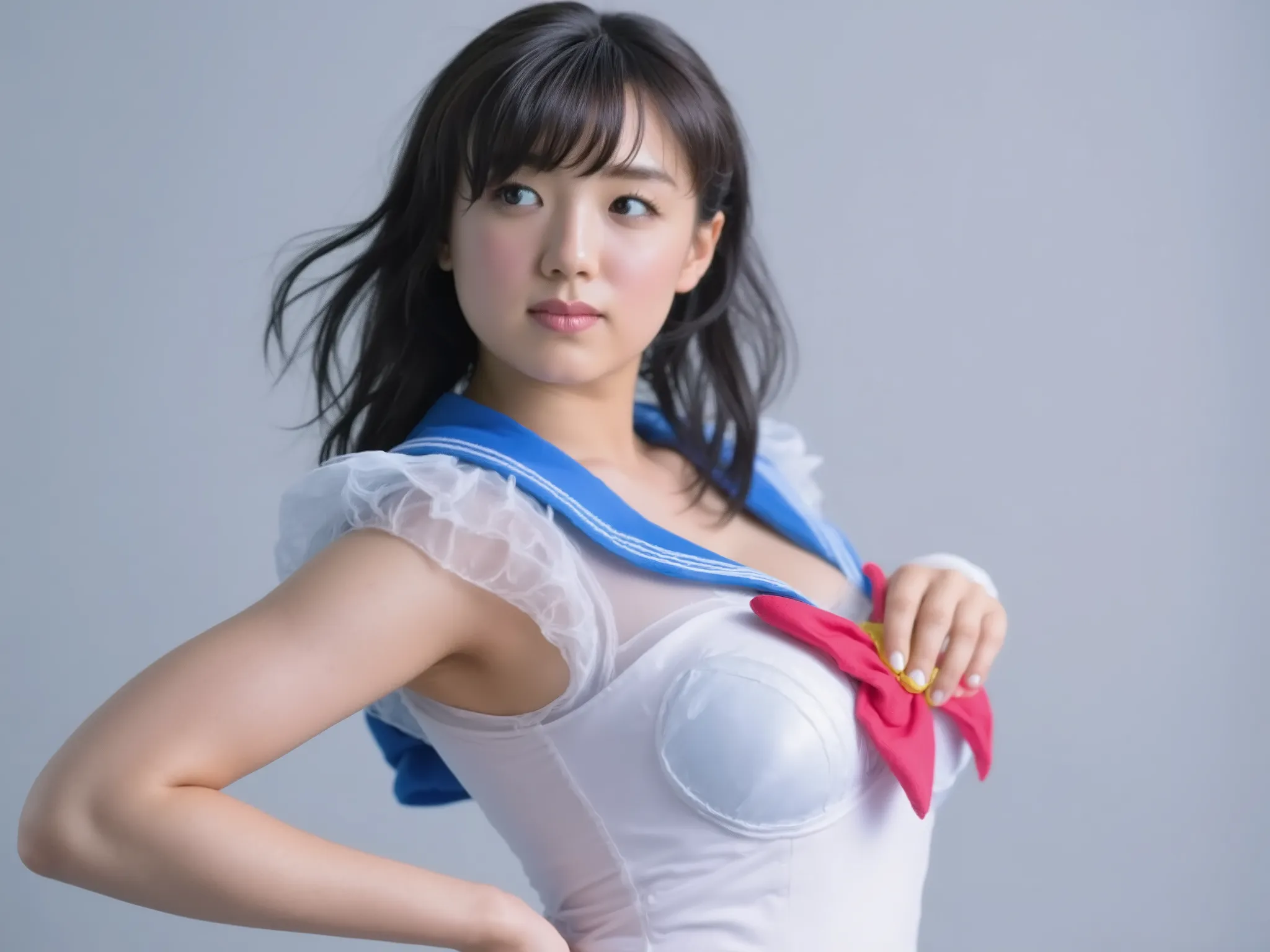 ((best quality, 4K)), 1 girl, big breasts,((ahegao)), ((A woman cosplaying as sexy Sailor Mercury:1.5)), ((Chest-pushing pose:1.5))