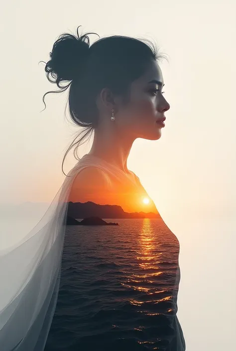 High quality, 8K Ultra HD, Beautiful double exposure combining the silhouette of a goddess and a sunset coast, The sunset coast should be the background, with its details merging into the goddess, Clear lines, Monochrome background, Sharp focus, Double exp...