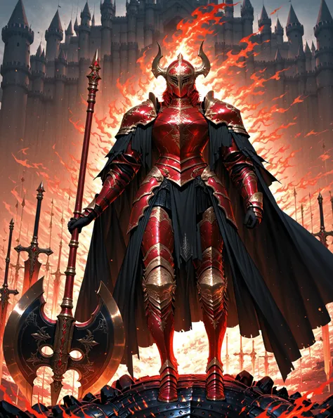 masterpiece、High Quality、top quality、heavy warriors from previous battles wearing heavy armored armor、red full body armor with gold decoration、full-face helmets、Black Cloak、holding a huge battle axe in both hands、The background is a castle engulfed in flames