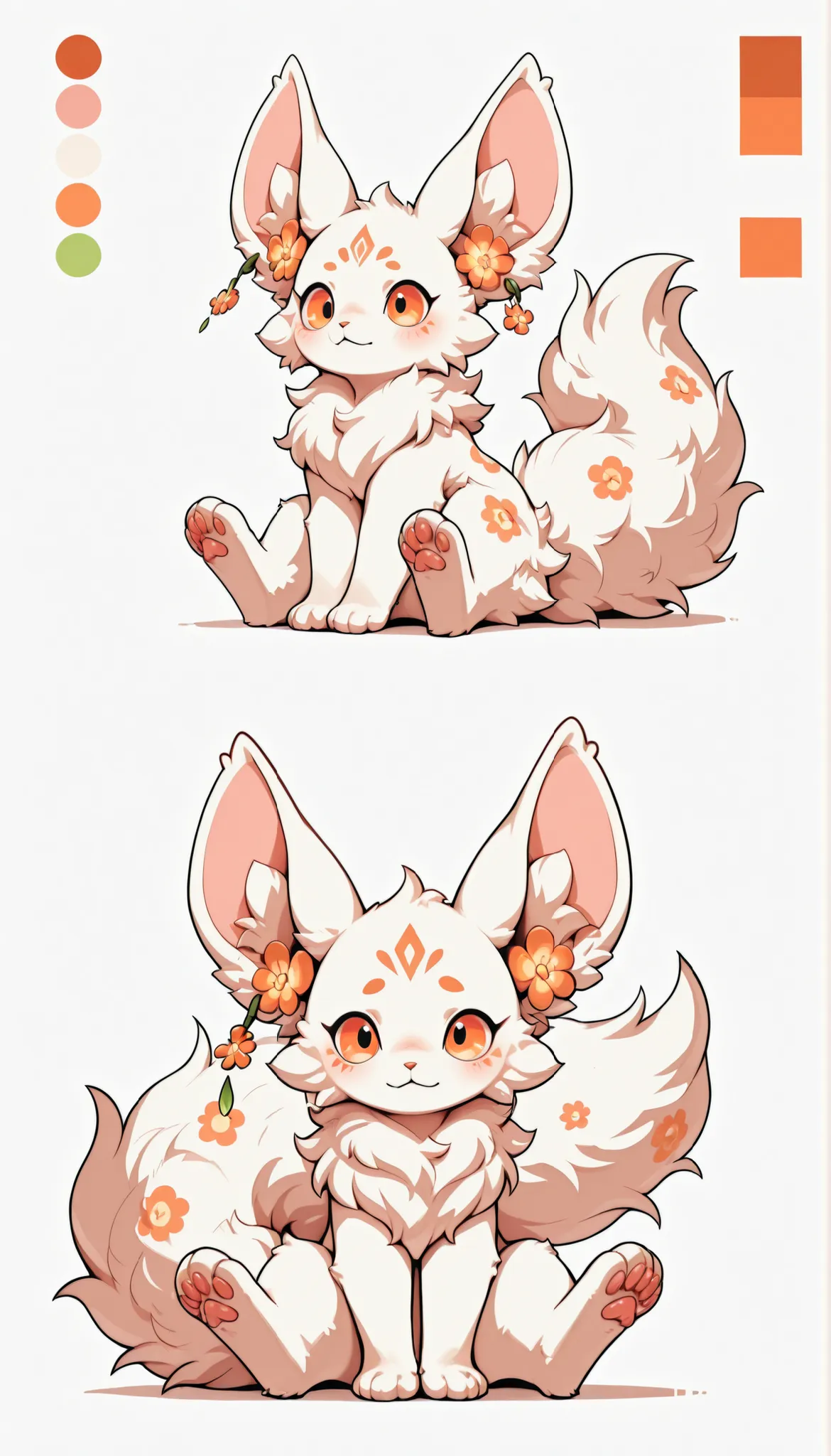 Non-human, pure white fur, empty imagination creatures, orange eyes, fluffy,big ears,One small orange flower earrings on the ear, a floral patterned fur on the stomachThe whole body, the tail is hidden behind the back, a large fluffy tail Reference materia...