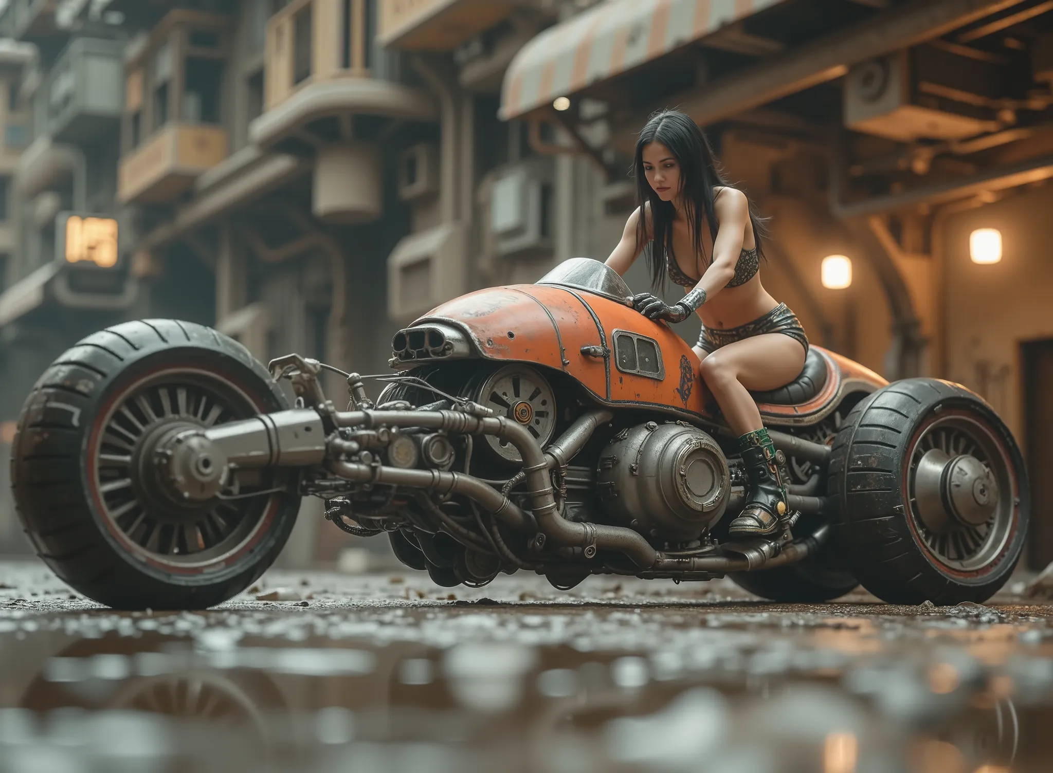 HD quality photography, cinematographic photograph using the rule of thirds and composition on planes Photo a 3/4 full body shot counterposed at ground level,  soft light, unmarked contrasts, a retro-futuristic motorcycle (Hoverbike) ( speederbike) two-whe...