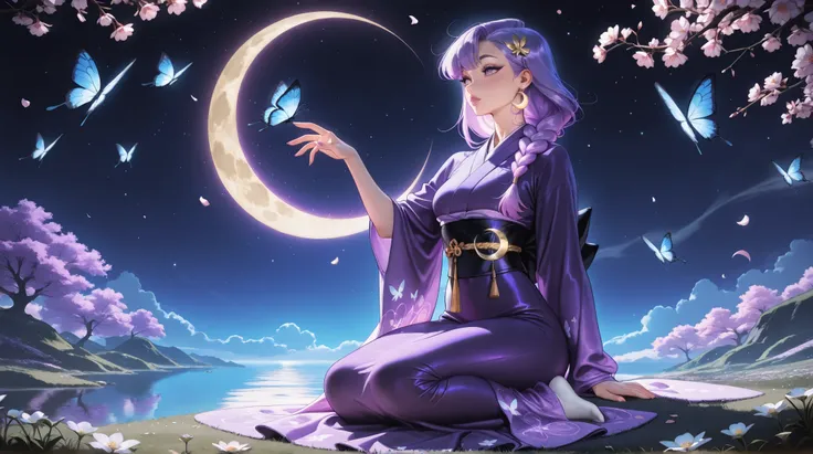 (TangoBat:0.7),(Sakimichan:0.7), A woman with long, braided, vibrant purple hair, wearing a purple kimono-style dress adorned with golden crescent moons and small flowers, sitting amongst blossoms, with light-blue butterflies fluttering around her, in a ...
