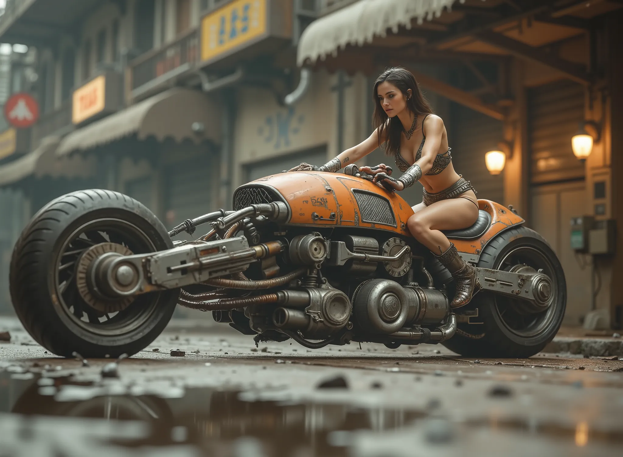 HD quality photography, cinematographic photograph using the rule of thirds and composition on planes Photo a 3/4 full body shot counterposed at ground level,  soft light, unmarked contrasts, a retro-futuristic motorcycle (Hoverbike) ( speederbike) two-whe...