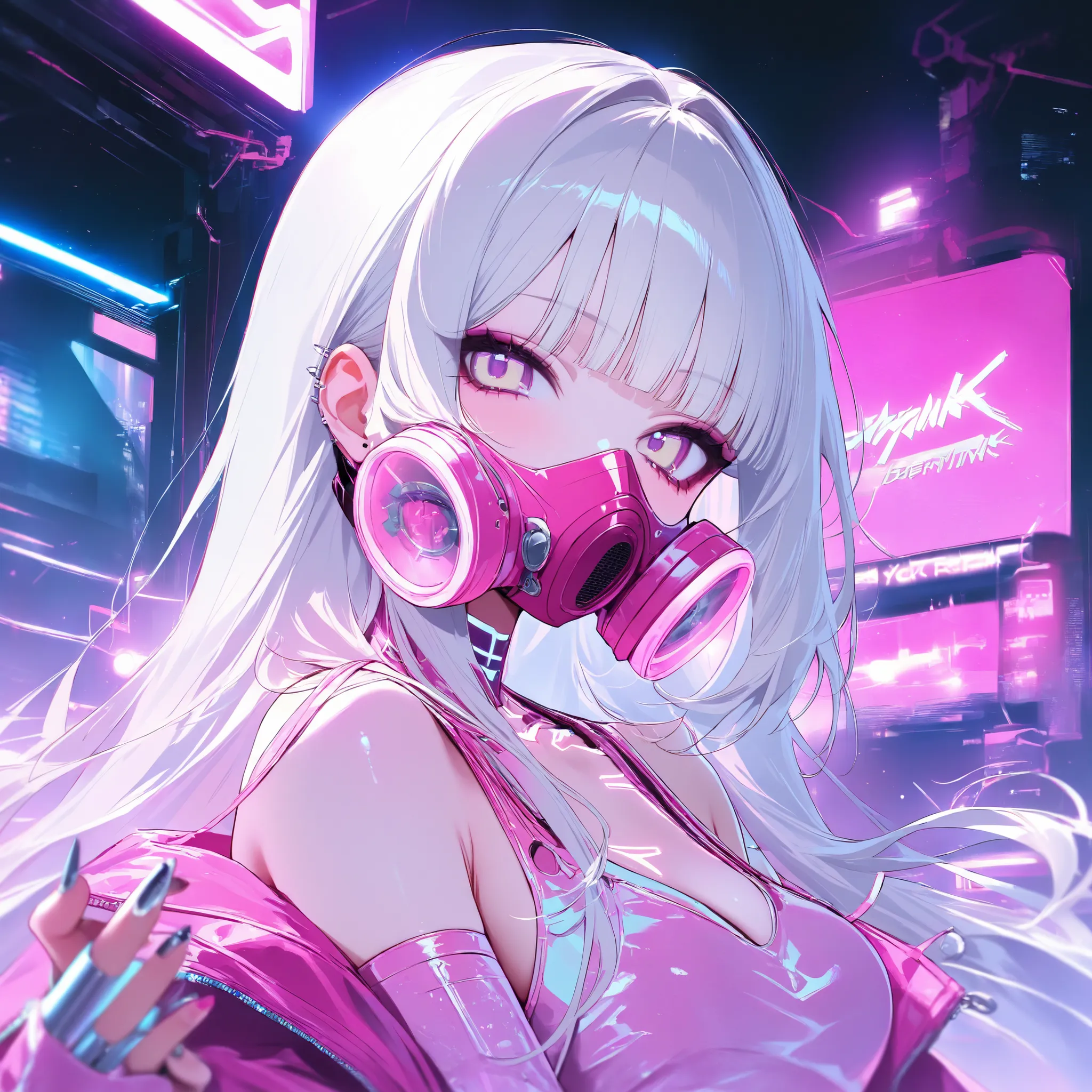 
girl, pink anti-gas mask, Cyberpunk, platinum long hair, platinum and pink clothing,Y2K Aesthetic, cybernetic implants, Metal nails, masterpiece, high score, great result, absurd results