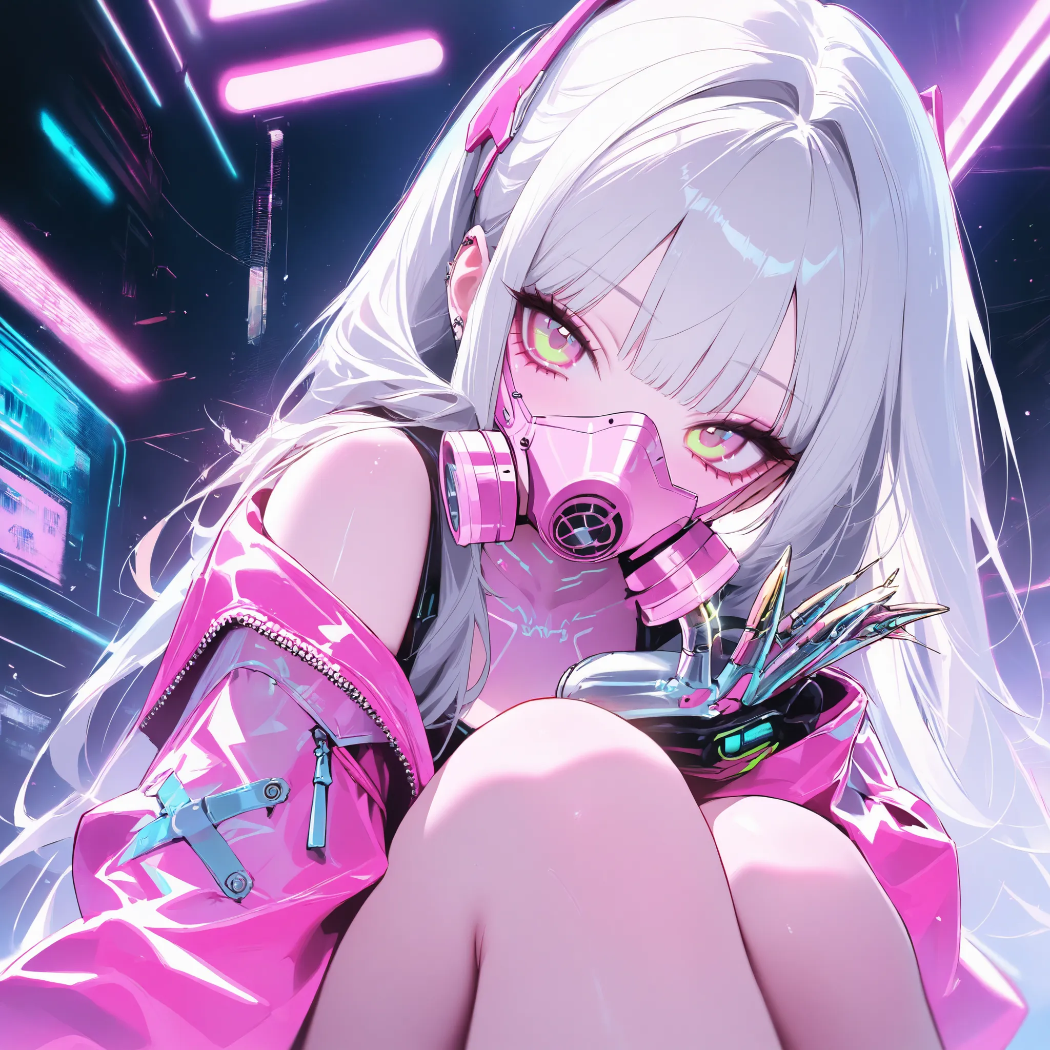 
girl, pink anti-gas mask, Cyberpunk, platinum long hair, platinum and pink clothing,Y2K Aesthetic, cybernetic implants, Metal nails, masterpiece, high score, great result, absurd results