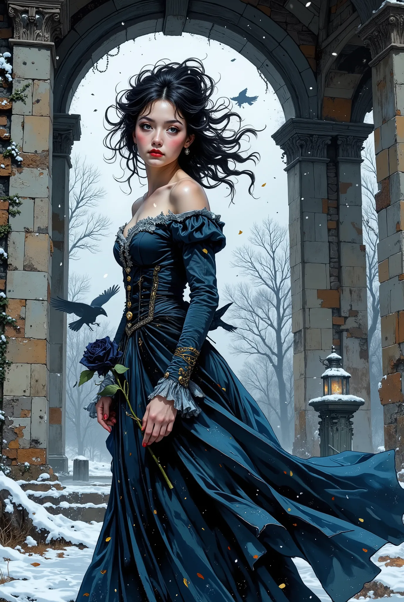A young woman with black hair blown up in a gust of icy wind stood half-turned under the massive stone arch of a ruined estate, shackled by eternal cold. The arch is covered with frost and tenacious ivy. One of her hands is slightly raised, her fingers are...