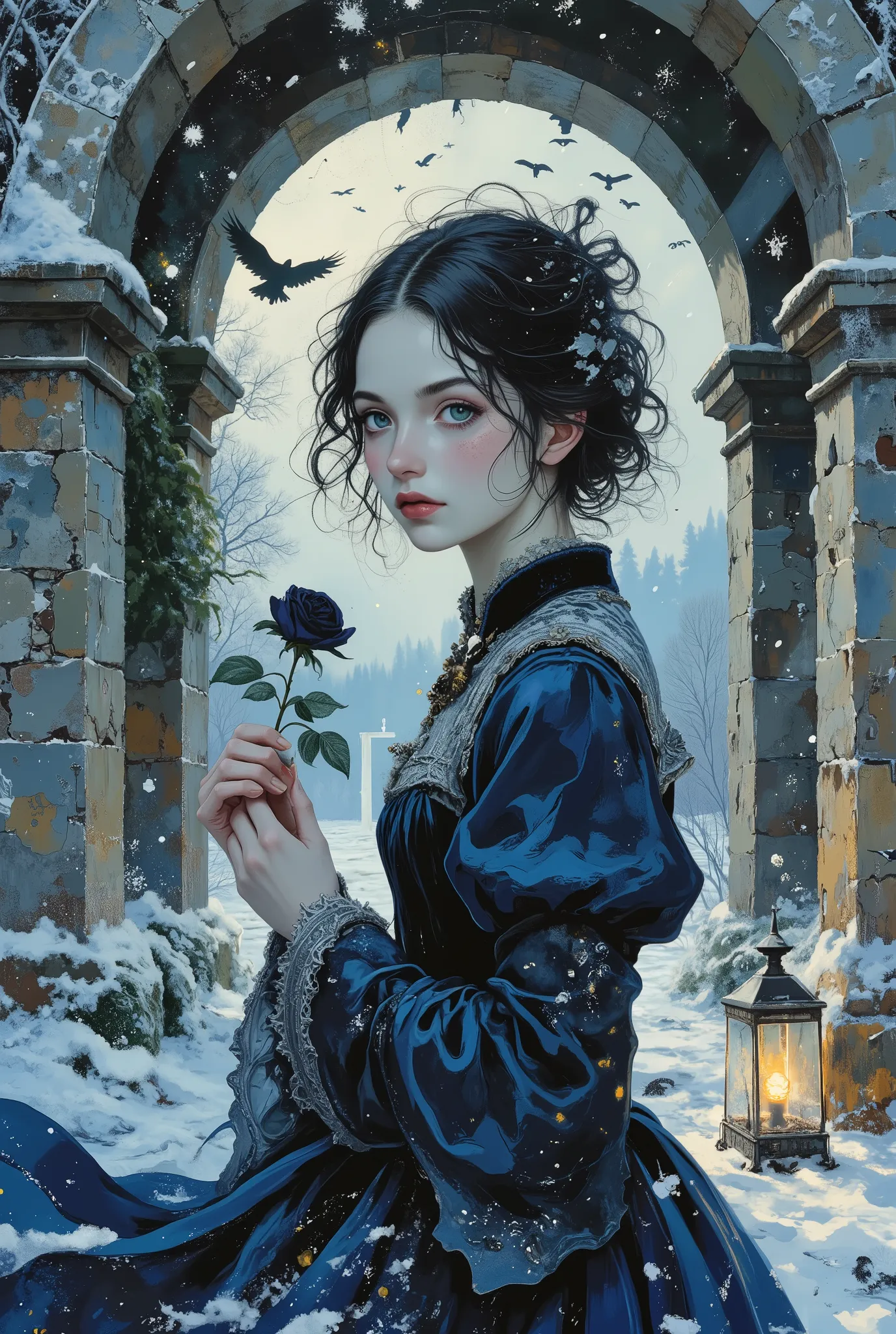 A young woman with black hair blown up in a gust of icy wind stood half-turned under the massive stone arch of a ruined estate, shackled by eternal cold. The arch is covered with frost and tenacious ivy. One of her hands is slightly raised, her fingers are...