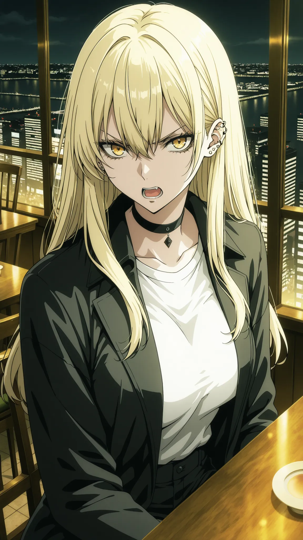 Guideau, The Witch And The Beast
High quality ,  best quality , masterpiece,  High Resolution , anatomically correct, anime coloring,
solo, 1 girl, adult, cool woman​,
blonde hair, yellow eyes, long hair, jewelry, earrings, piercing, choker, ear piercing, ...