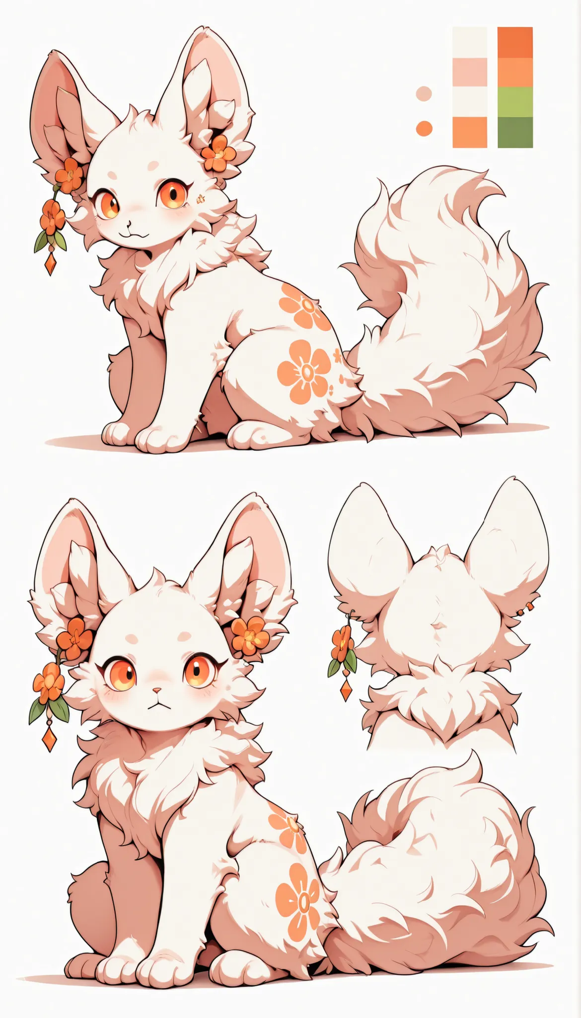 Non-human, pure white fur, empty imagination creatures, orange eyes, fluffy,big ears,One small orange flower earrings on the ear, a floral patterned fur on the stomachThe whole body, the tail is hidden behind the back, a large fluffy tail Reference materia...