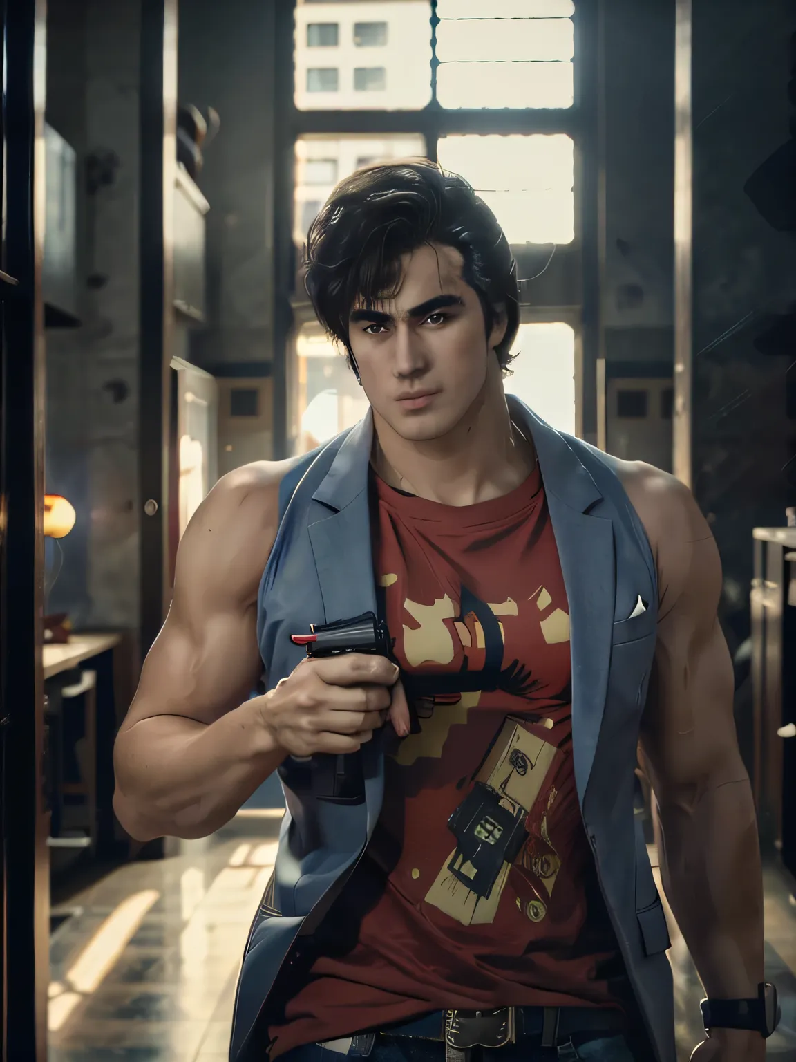 1boy, saeba ryou, city hunter, Japanes man, Handsome face,
red shirts, sleeveless, looking at viewer, v-shaped eyebrows,
standing, holding revolver gun, hand in pocket,
indoors, luxury hotel, windows, city, cowboy shot,
general, masterpiece, best qual...