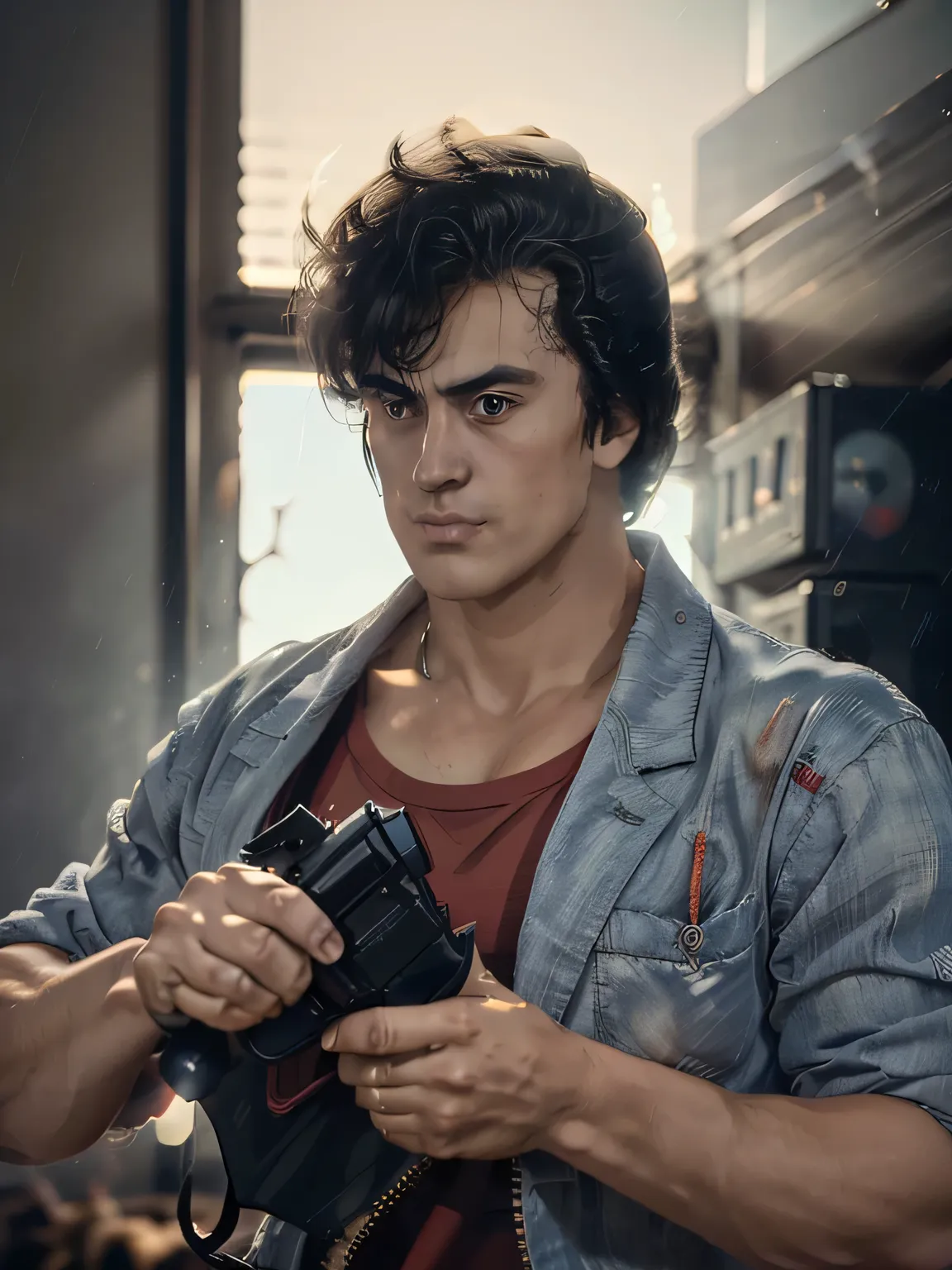 1boy, saeba ryou, city hunter, Japanes man, Handsome face,
red shirts, sleeveless, looking at viewer, v-shaped eyebrows,
standing, holding revolver gun, hand in pocket,
indoors, luxury hotel, windows, city, cowboy shot,
general, masterpiece, best qual...
