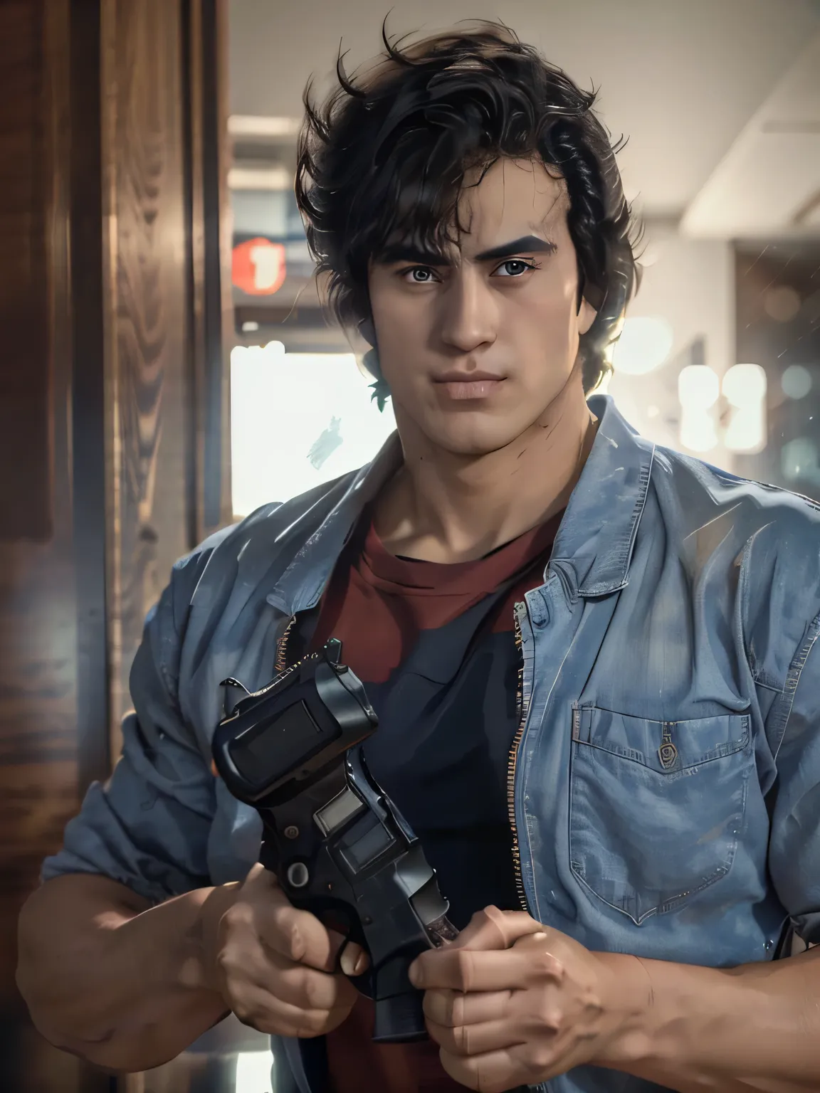1boy, saeba ryou, city hunter, Japanes man, Handsome face,
red shirts, sleeveless, looking at viewer, v-shaped eyebrows,
standing, holding revolver gun, hand in pocket,
indoors, luxury hotel, windows, city, cowboy shot,
general, masterpiece, best qual...