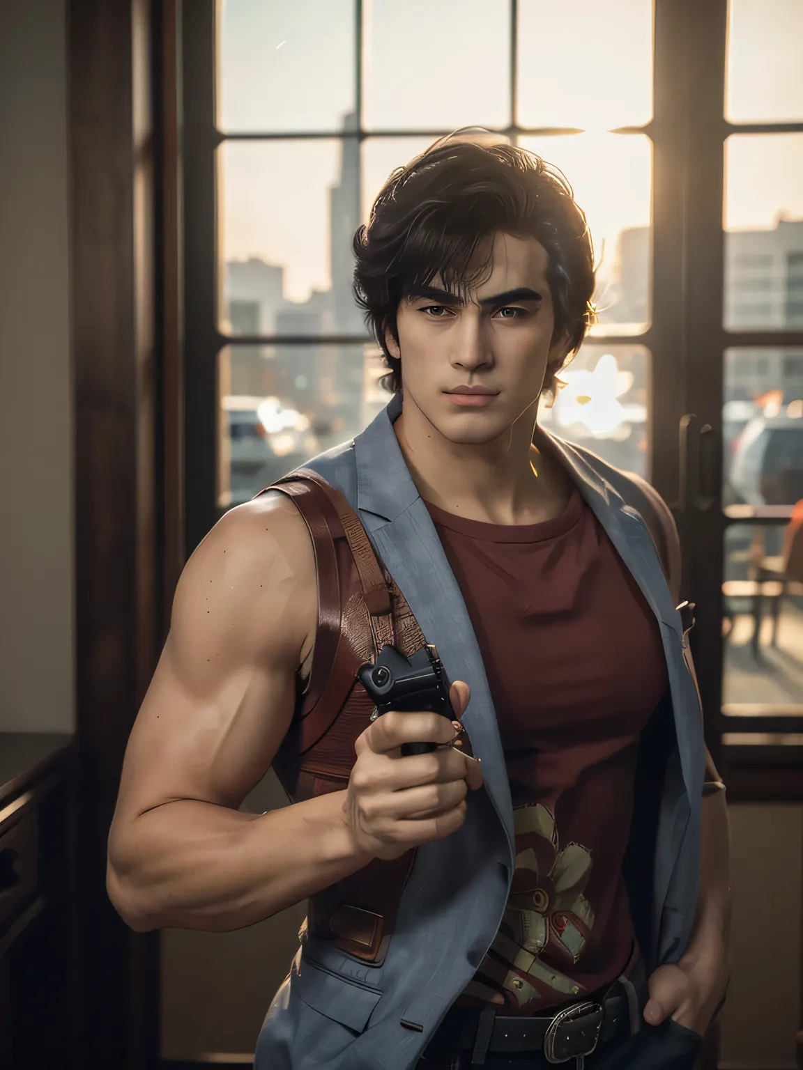 1boy, saeba ryou, city hunter, Japanes man, Handsome face,
red shirts, sleeveless, looking at viewer, v-shaped eyebrows,
standing, holding revolver gun, hand in pocket,
indoors, luxury hotel, windows, city, cowboy shot,
general, masterpiece, best qual...