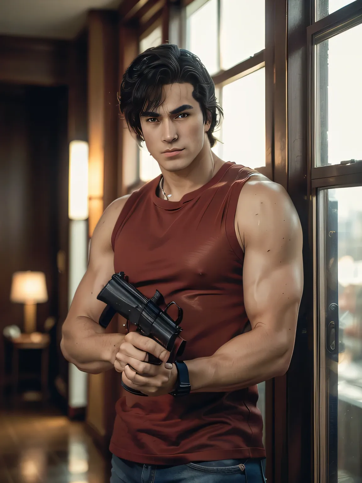 1boy, saeba ryou, city hunter, Japanes man, Handsome face,
red shirts, sleeveless, looking at viewer, v-shaped eyebrows,
standing, holding revolver gun, hand in pocket,
indoors, luxury hotel, windows, city, cowboy shot,
general, masterpiece, best qual...