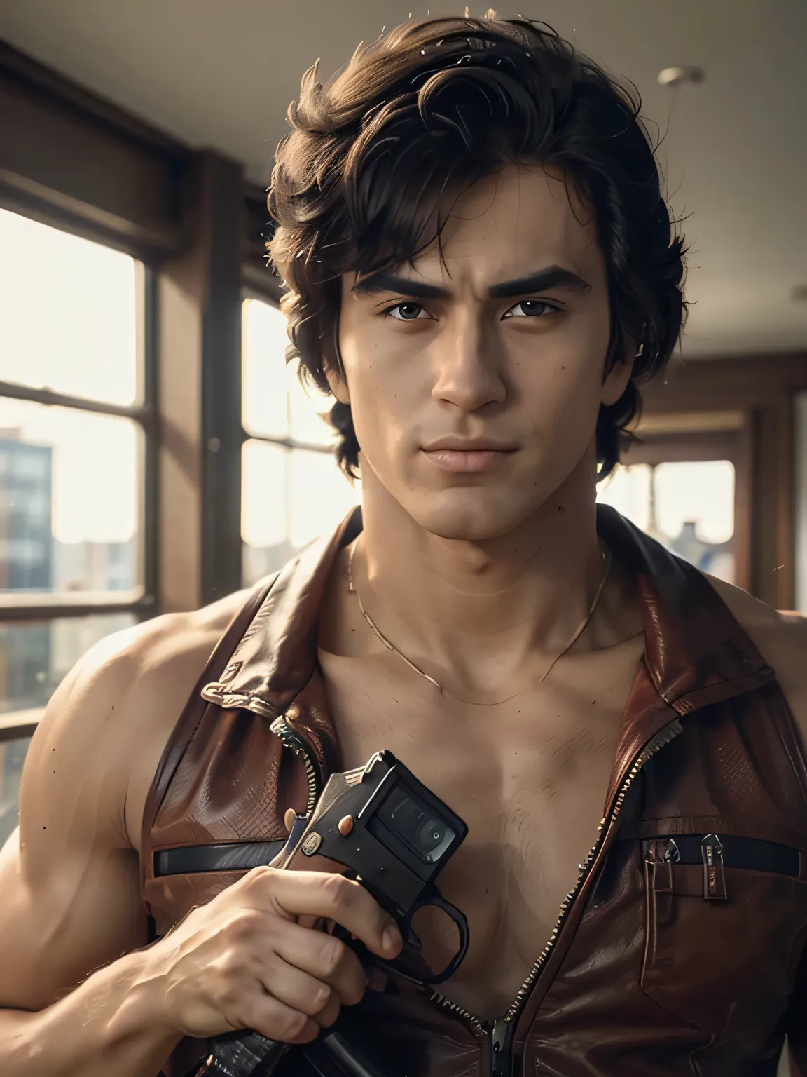 1boy, saeba ryou, city hunter, Japanes man, Handsome face,
red shirts, sleeveless, looking at viewer, v-shaped eyebrows,
standing, holding revolver gun, hand in pocket,
indoors, luxury hotel, windows, city, cowboy shot,
general, masterpiece, best qual...