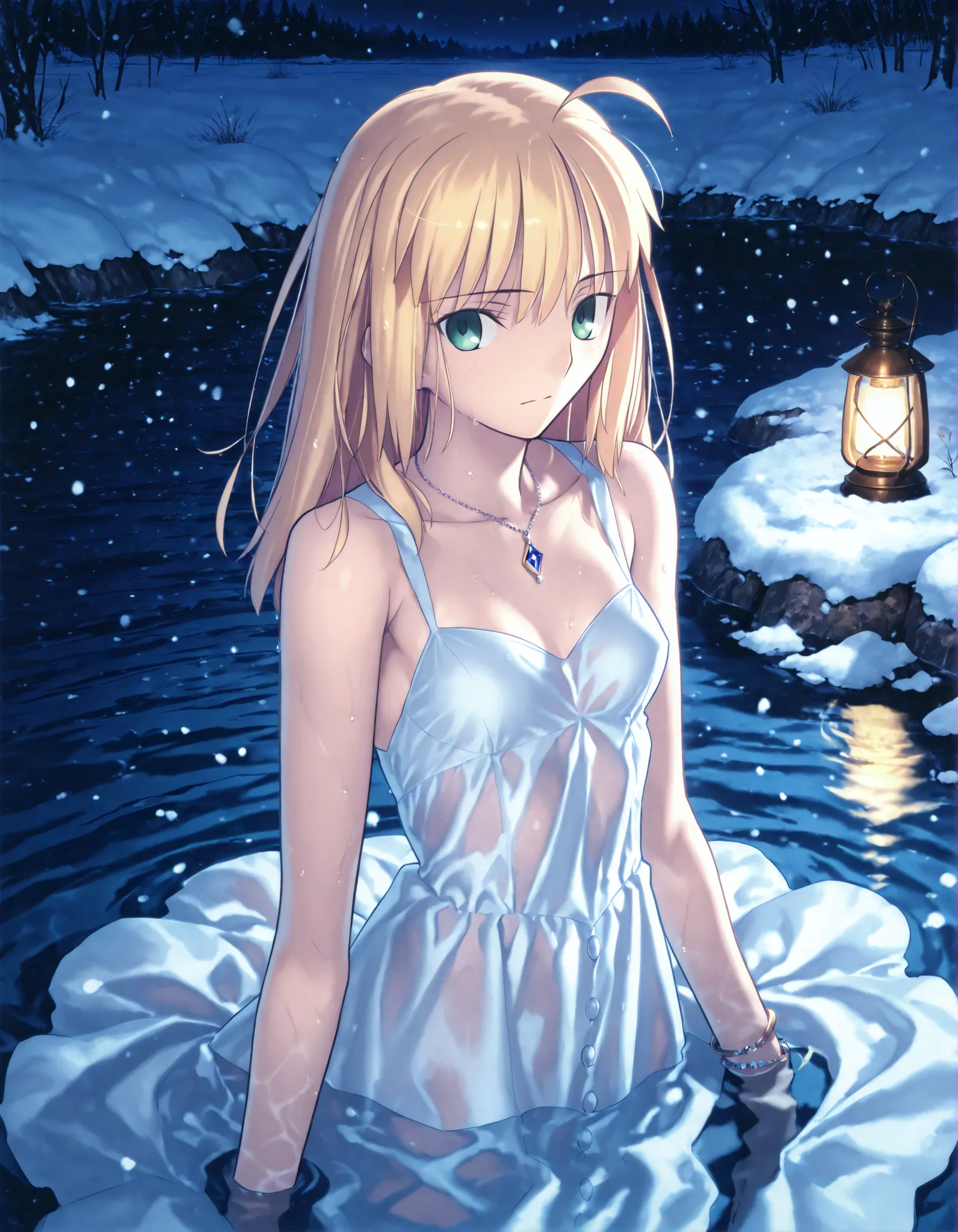 masterpiece, , absurdres, highres, detailed background, high resolution, masterpiece, necessary, detail, best quality, quality, necessary, details, High details, Precise, midnight, outdoors,((dark ,in water)), small lamp, snow, from above, solo,           ...