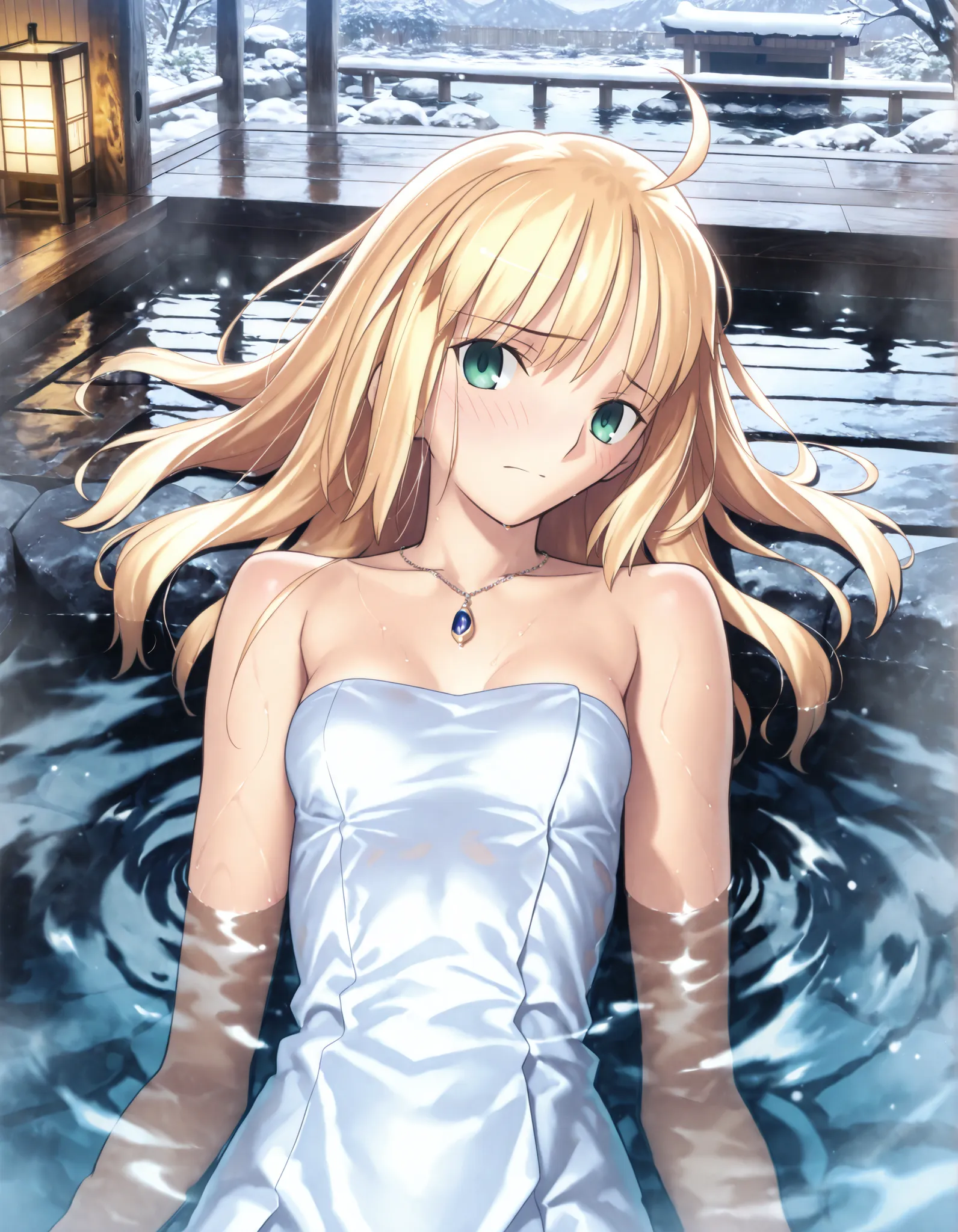 masterpiece, , absurdres, highres, detailed background, high resolution, masterpiece, necessary, detail, best quality, quality, necessary, details, High details, Precise, midnight, indoors,((dark onsen, in dark water)), snow, from above, solo,             ...