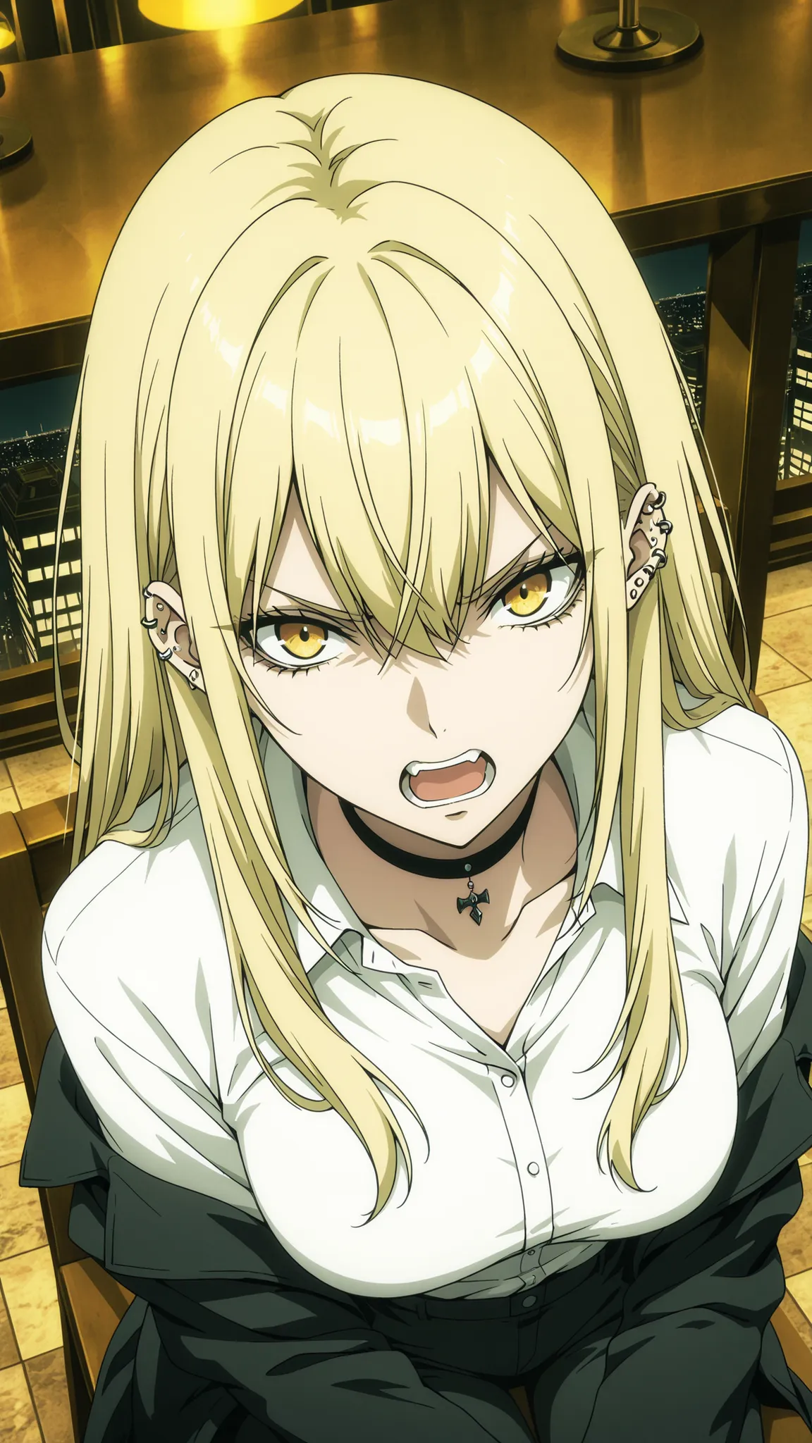 Guideau, The Witch And The Beast
High quality ,  best quality , masterpiece,  High Resolution , anatomically correct, anime coloring,
solo, 1 girl, adult, cool woman​,
blonde hair, yellow eyes, long hair, jewelry, earrings, piercing, choker, ear piercing, ...
