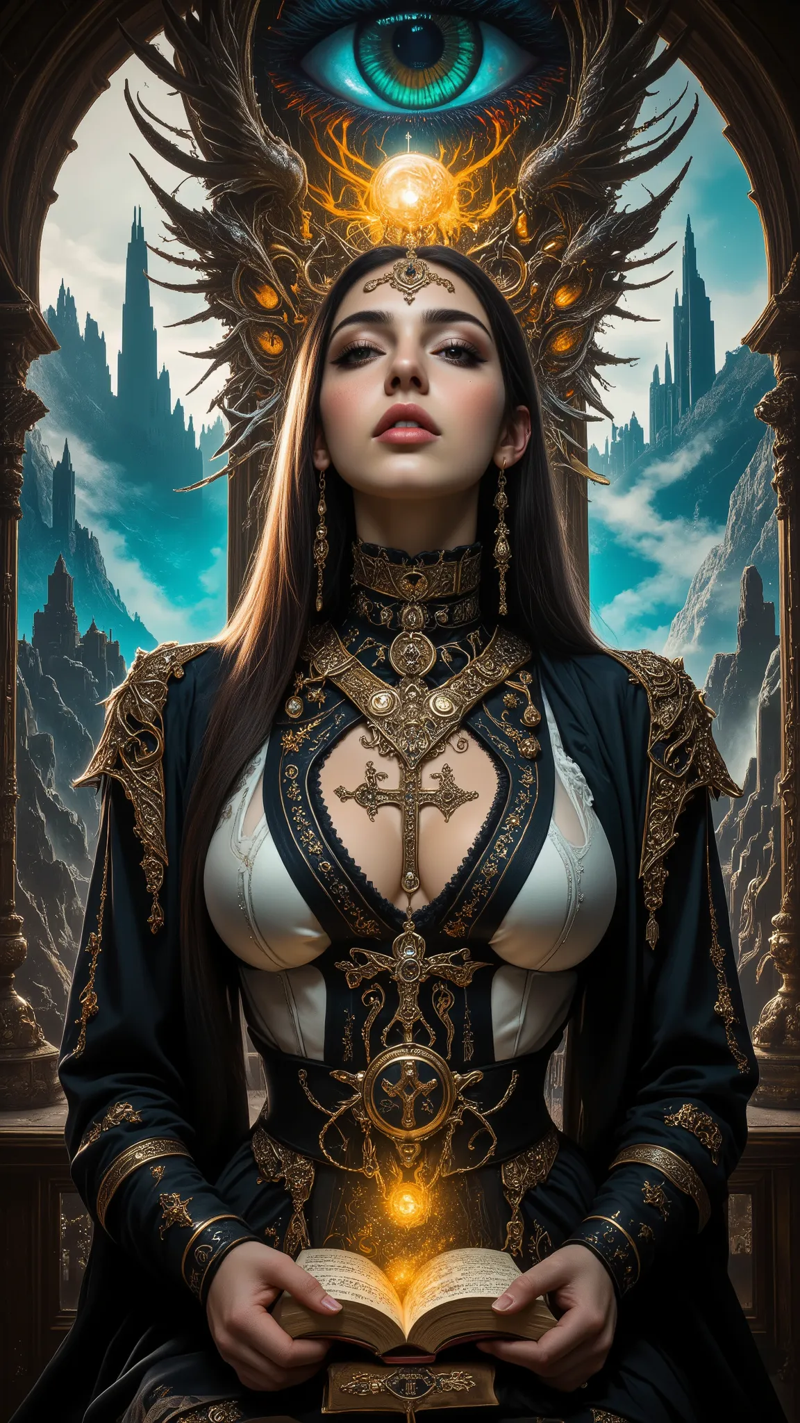 Surreal Painting,  An extravagant, mysterious female figure, gazes at viewer with secret smile,dressed in intricately embroidered black and white medieval clothing that fits her form perfectly , A jeweled rosary necklace with a large crucifix rests on her ...