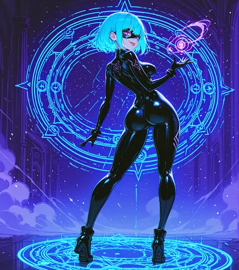 1girl, solo, ass, breasts, bodysuit, looking_back, blue_hair, purple_eyes, mask, full_body, short_hair, glowing, looking_at_viewer, tongue, standing, medium_breasts, tattoo, black_bodysuit, skin_tight, magic_circle, from_behind, tongue_out, smile