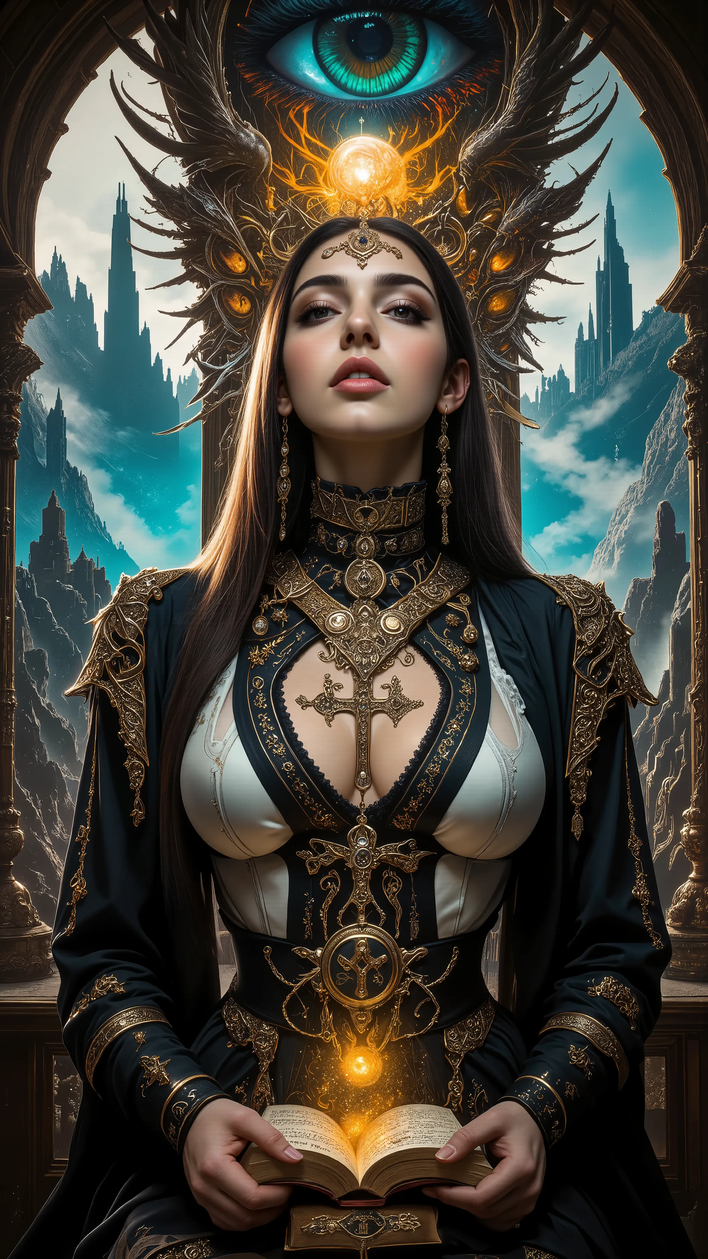 Surreal Painting,  An extravagant, mysterious female figure, gazes at viewer with secret smile,dressed in intricately embroidered black and white medieval clothing that fits her form perfectly , A jeweled rosary necklace with a large crucifix rests on her ...