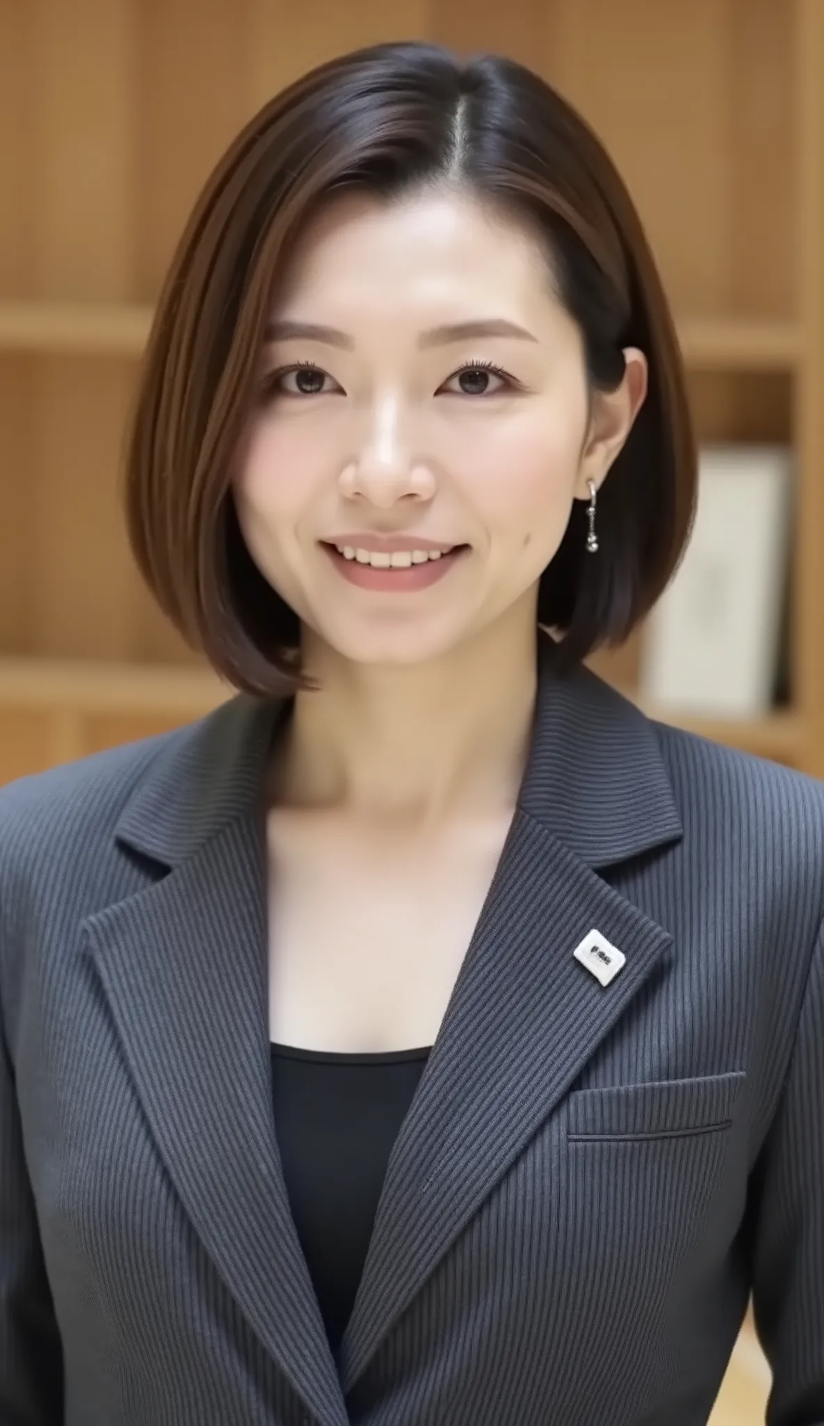 nsfw、From front、Japanese in a グレーcollarless suit、カメラ目線、45-year-old female minister、小じわのある顔、A-line bob(angled bob・inverted bob),耳にピアス、ネックレス、、黒髪、during regular press conference、(bust up shot:1.5)、、歯を見せた笑顔