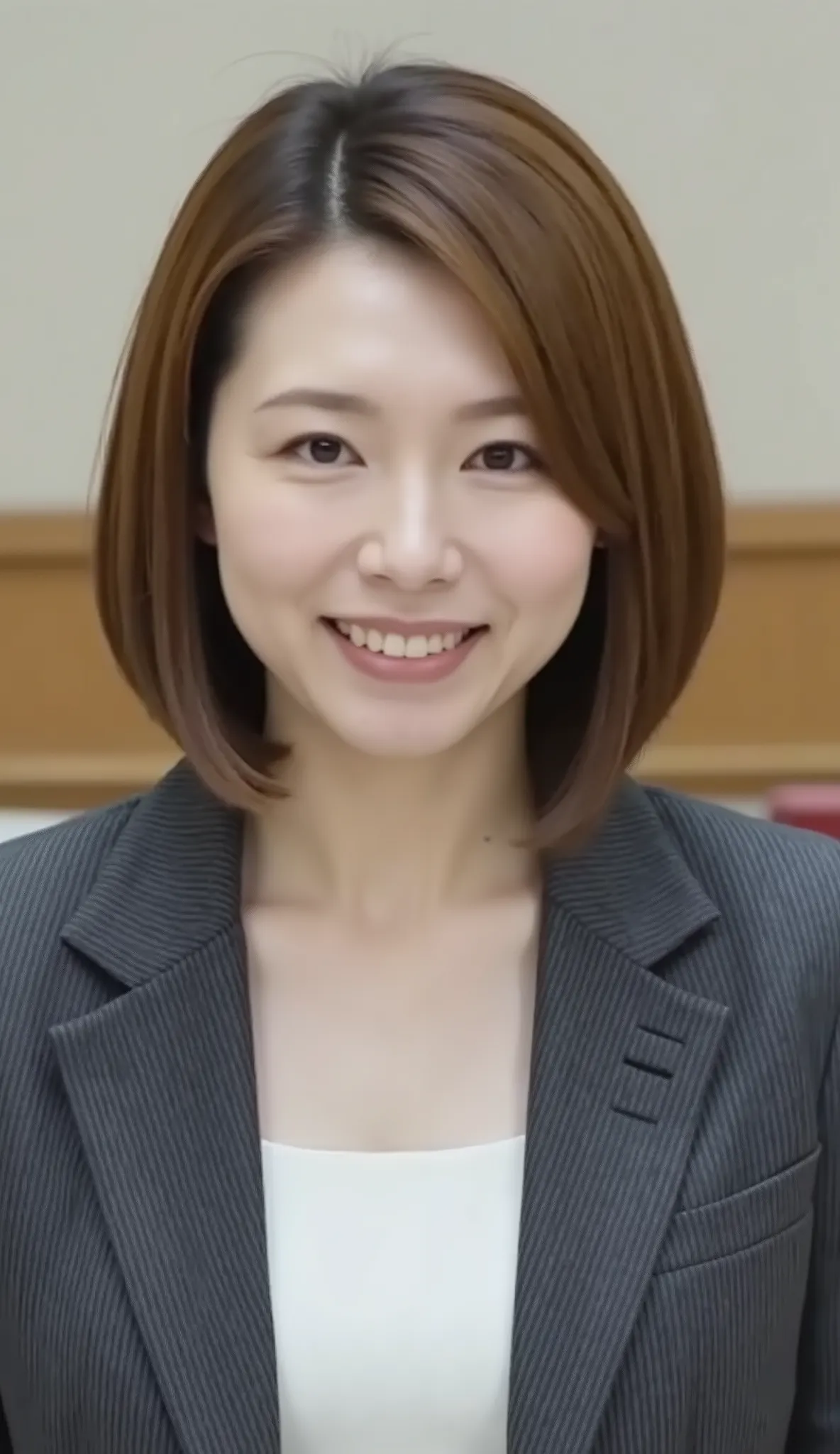 nsfw、From front、Japanese in a グレーcollarless suit、カメラ目線、25-year-old female minister、A-line bob(angled bob・inverted bob)耳にピアス、ネックレス、、、during regular press conference、(bust up shot:1.5)、、歯を見せた笑顔