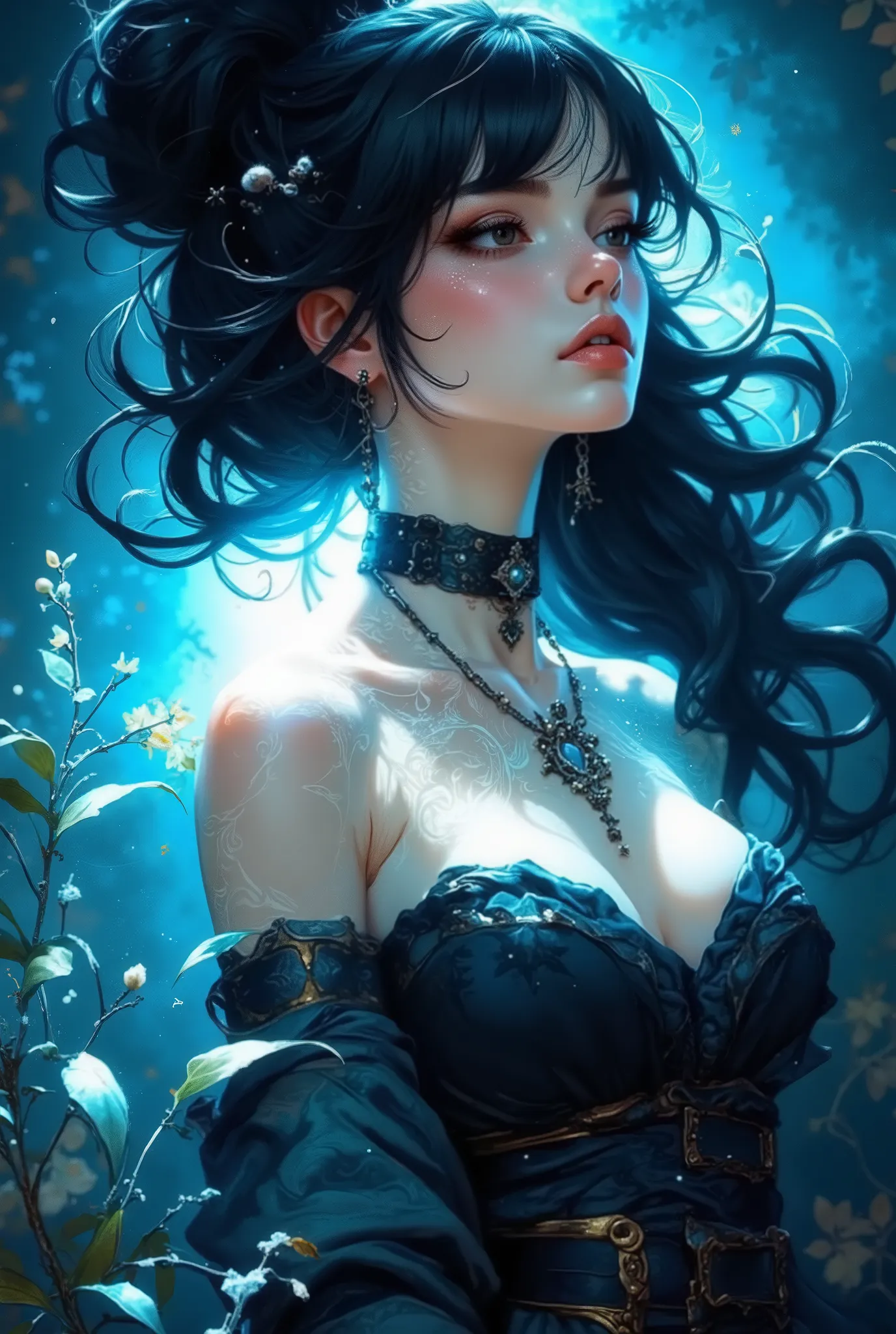 Bright and clear style,
animanigi,
3pic_vist4, (Gothic-fantasy portrait), a delicate, very pale Gothic girl bathed in bluish-white illumination, highlights playing in black hair and a top wrapped in precious fabric, deep shadows on her face and chest contr...
