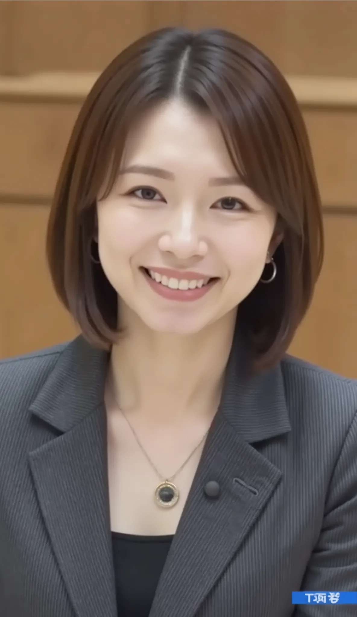 nsfw、From front、Japanese in a グレーcollarless suit、looking at the camera、25-year-old female minister、Hairstyle bun、Ear piercings、necklace、、、during regular press conference、(bust up shot:1.5)、、smile showing teeth