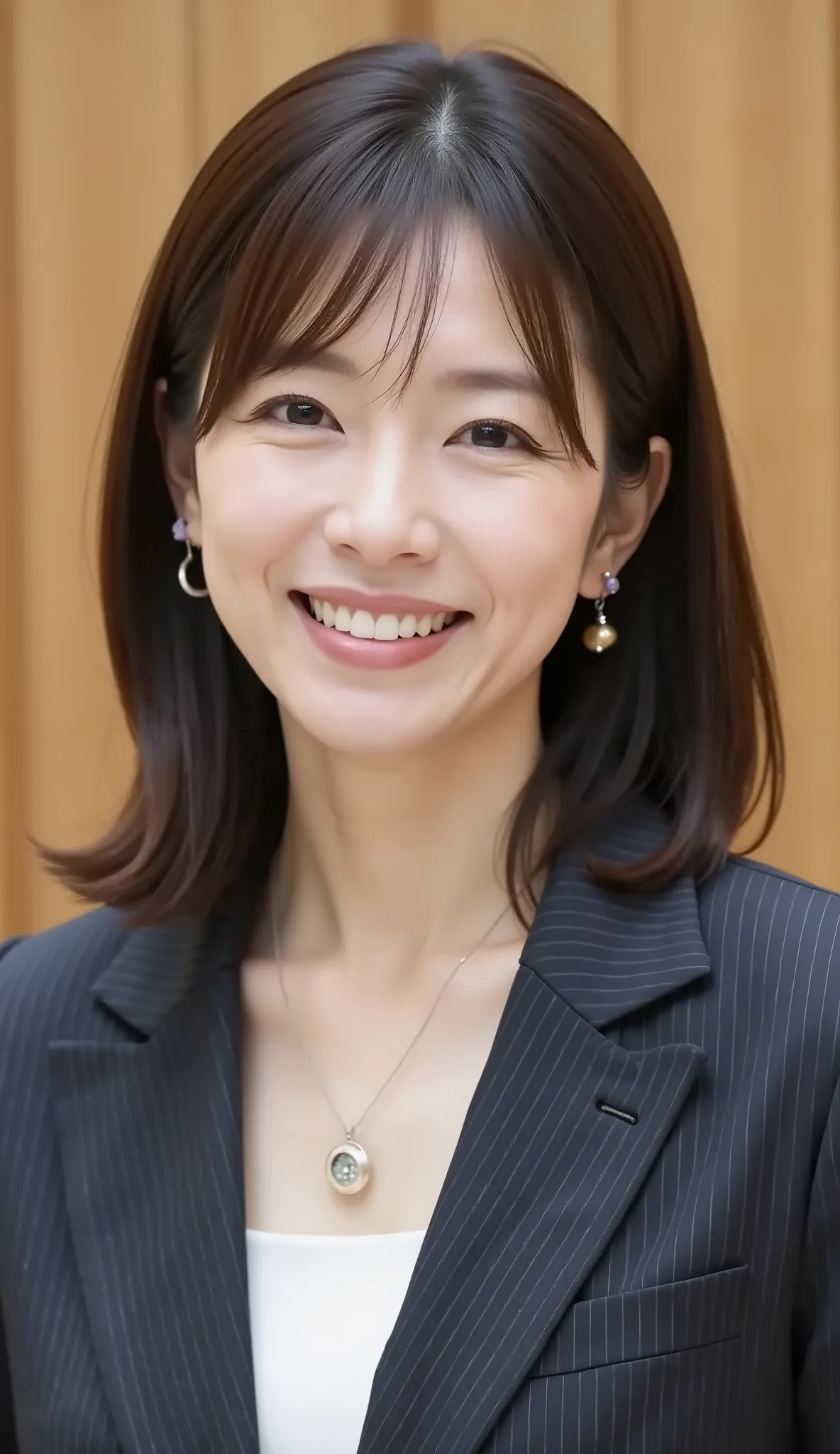 nsfw、From front、Japanese in a グレーcollarless suit、looking at the camera、35-year-old female minister、、Ear piercings、necklace、、、during regular press conference、(bust up shot:1.5)、、smile showing teeth
