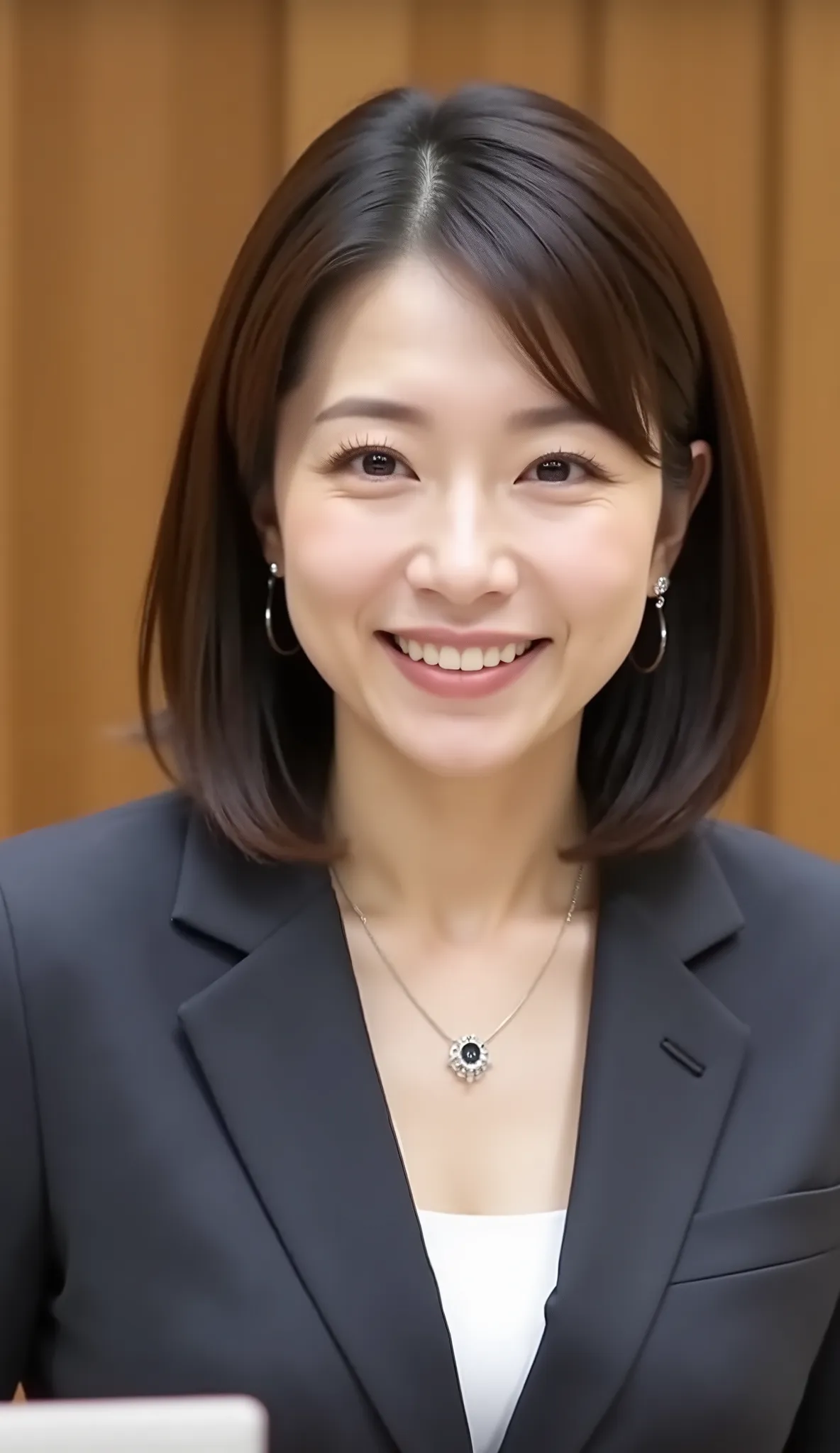 nsfw、From front、Japanese in a グレーcollarless suit、looking at the camera、25-year-old female minister、、Ear piercings、necklace、、、during regular press conference、(bust up shot:1.5)、、smile showing teeth
