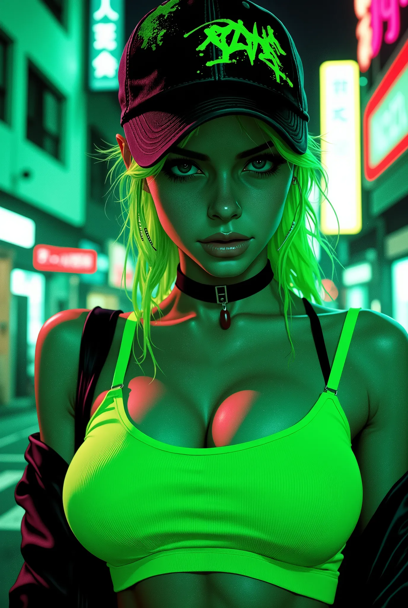 Digital artwork, stylized portrait of a woman with neon green hair tied in a ponytail, threaded through a black baseball cap with neon green graffiti roughly spray-canned on. Her light skin color accentuates her chiseled cheekbones, full lips and large, ex...